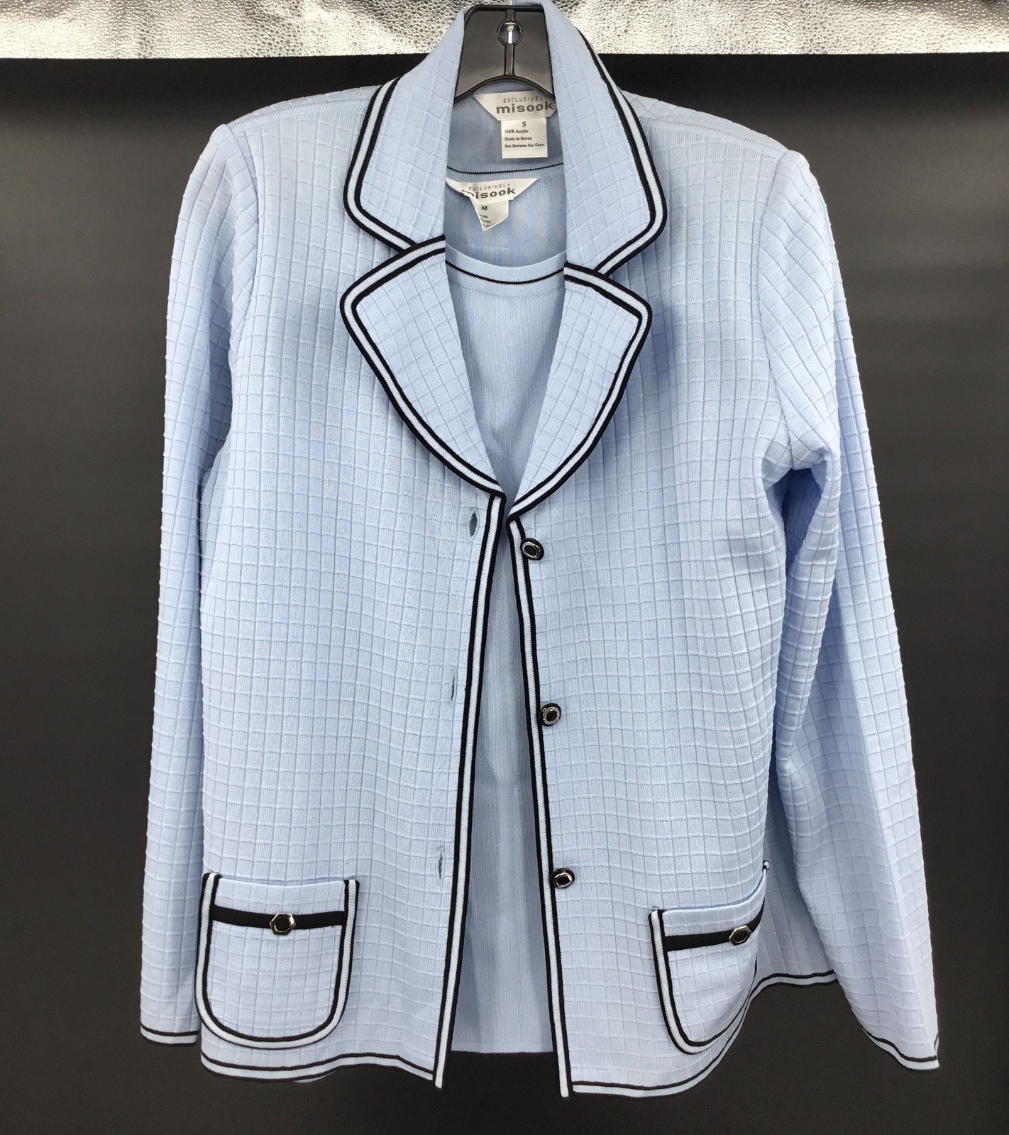 Vintage Exclusively Misook Women’s Blue Waffle Knit Jacket & Vest Set Sz S M