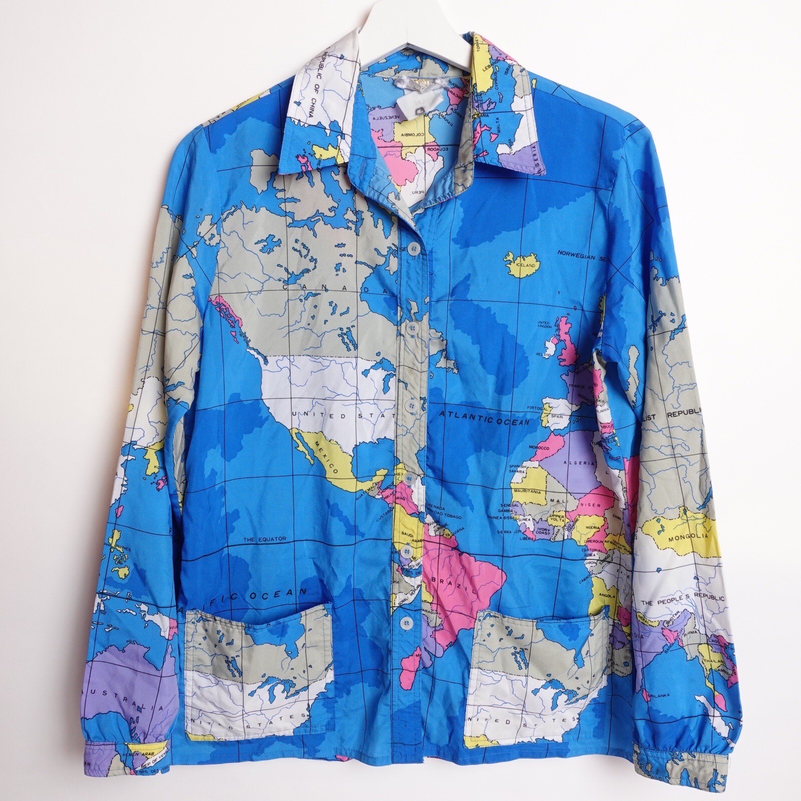 Vintage 80s Miss James Sir Womens World Map All Over Print Globe Shirt Medium
