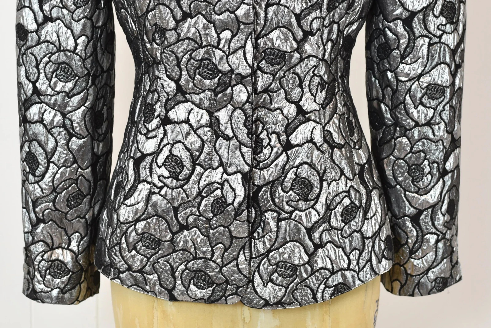 Vintage 1980s Krizia Metallic Silver Black Floral Lurex Blend Jacket Blazer