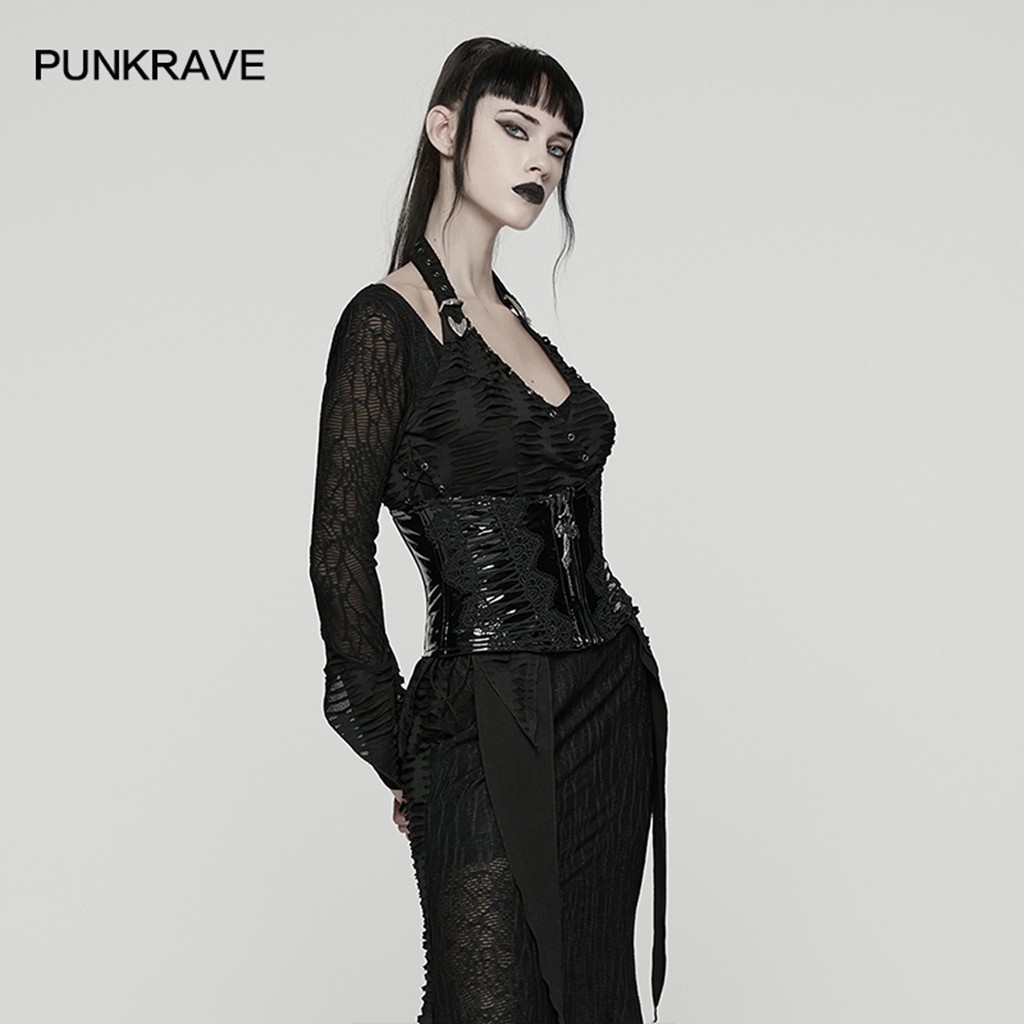 Punk rave women black gothic harness draw string corset patent leather sexy belt