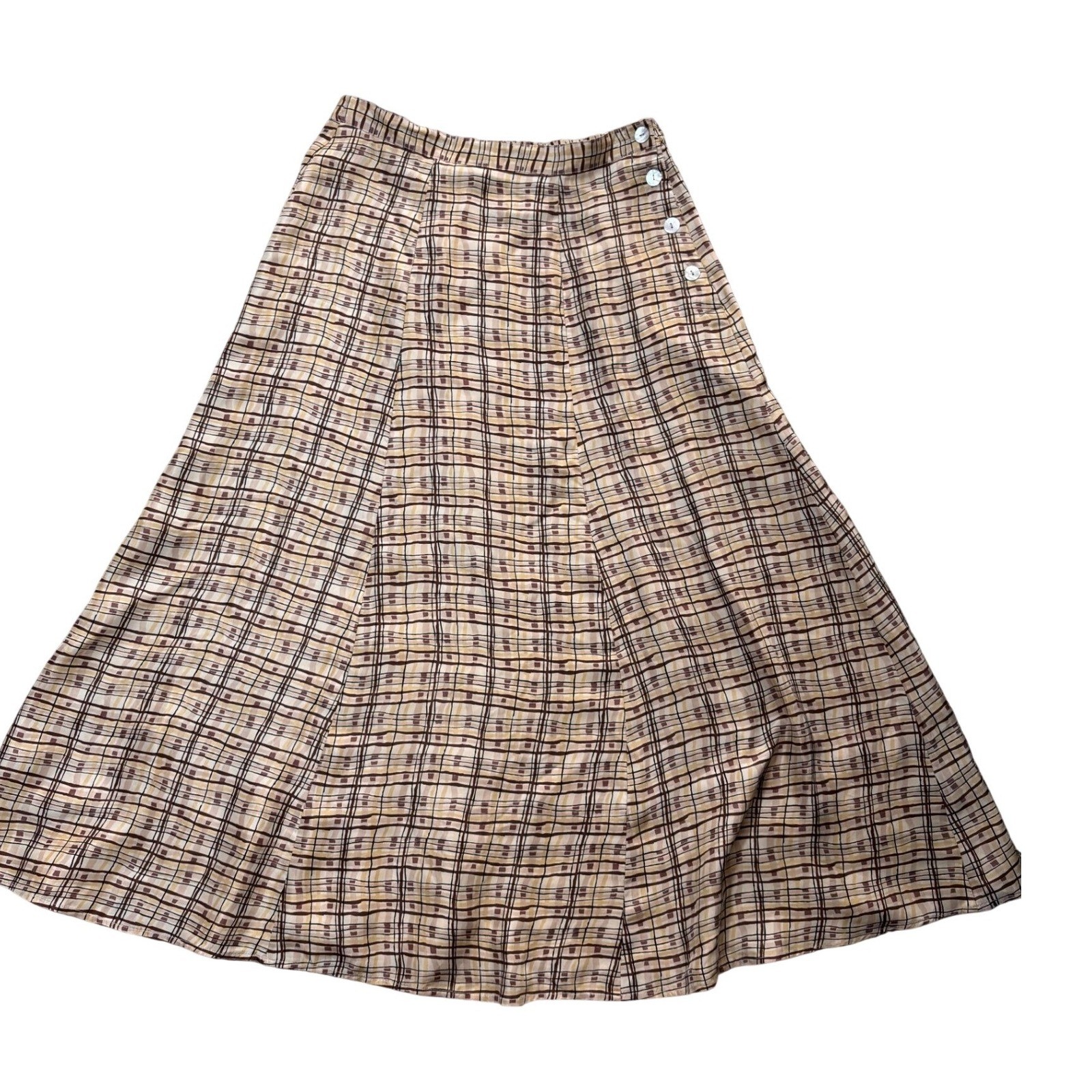 Plaid A-Line Melrose Studio Petites Button Side Tan Brown Midi Skirt Vintage