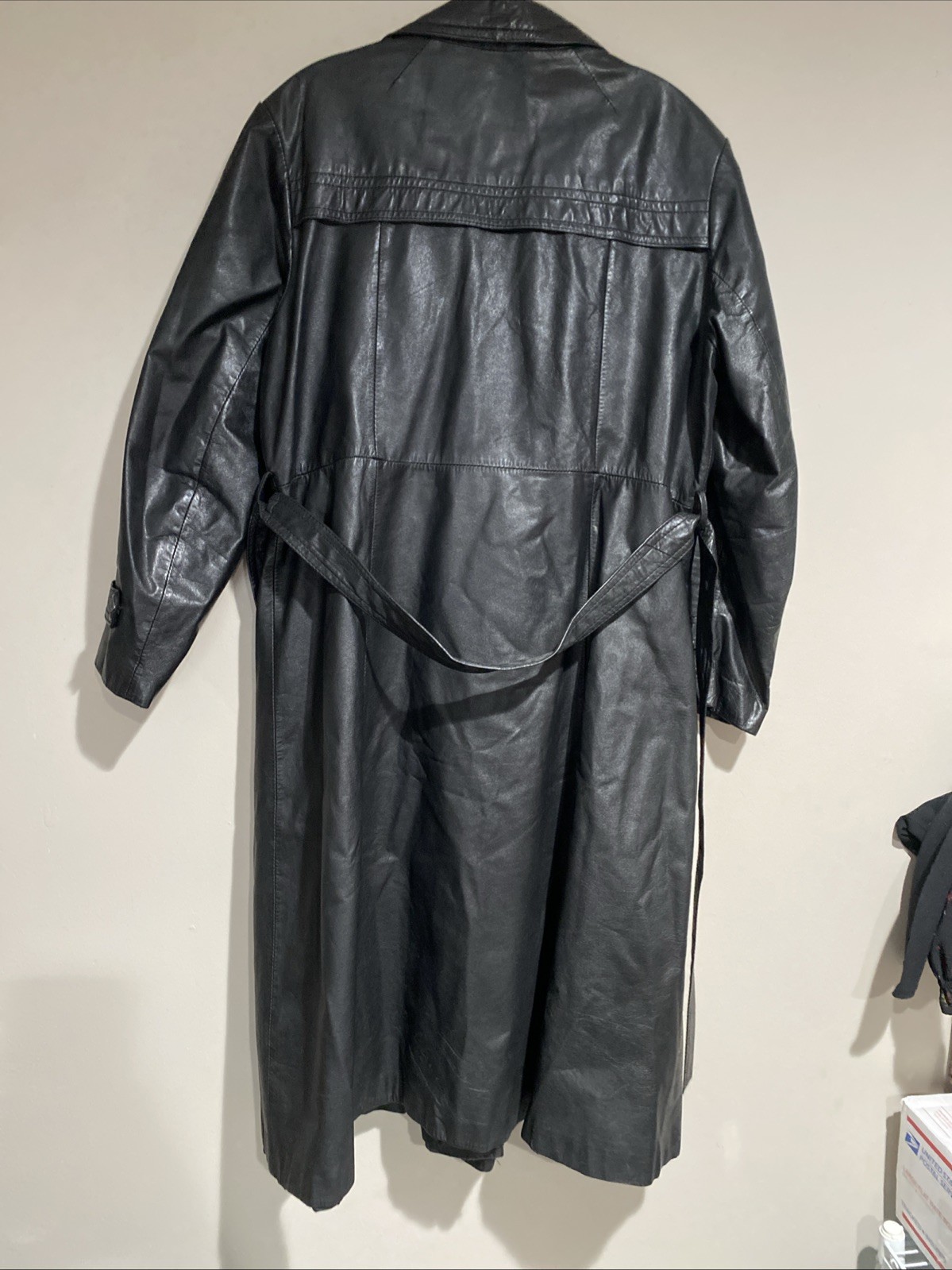 Vtg The Tannery Montgomery Ward Leather Trench Overcoat Black Midi Belted Sz Med