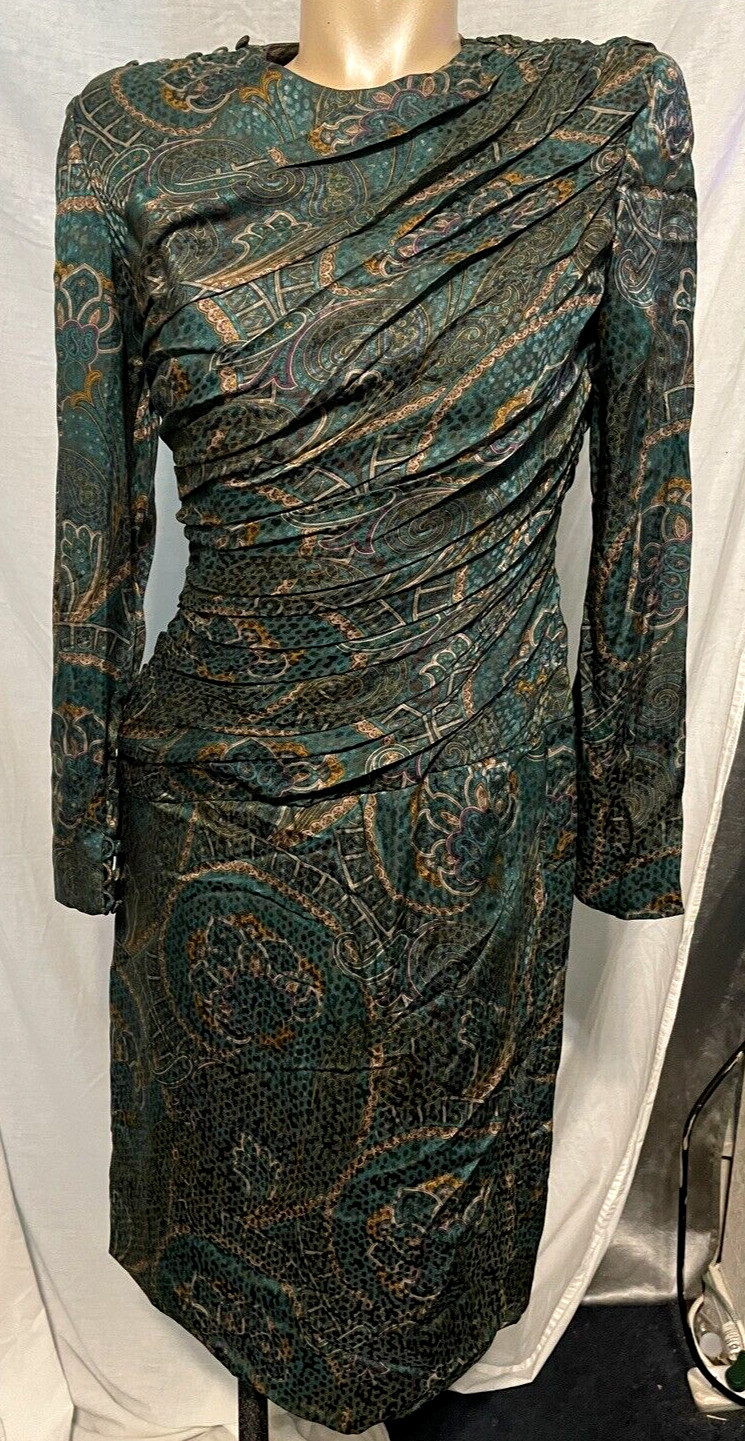 CAROLYNE ROEHM Women’s 80’s Vintage Green Paisley Silk Dress EUC Size 10
