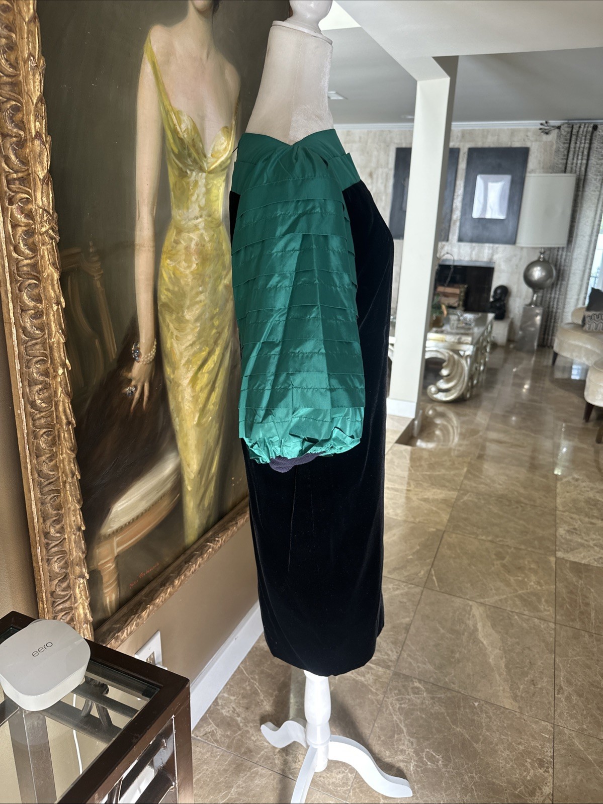 Nina Ricci Haute Boutique 70s Black Velvet & Green Taffeta Cocktail Sheath 42