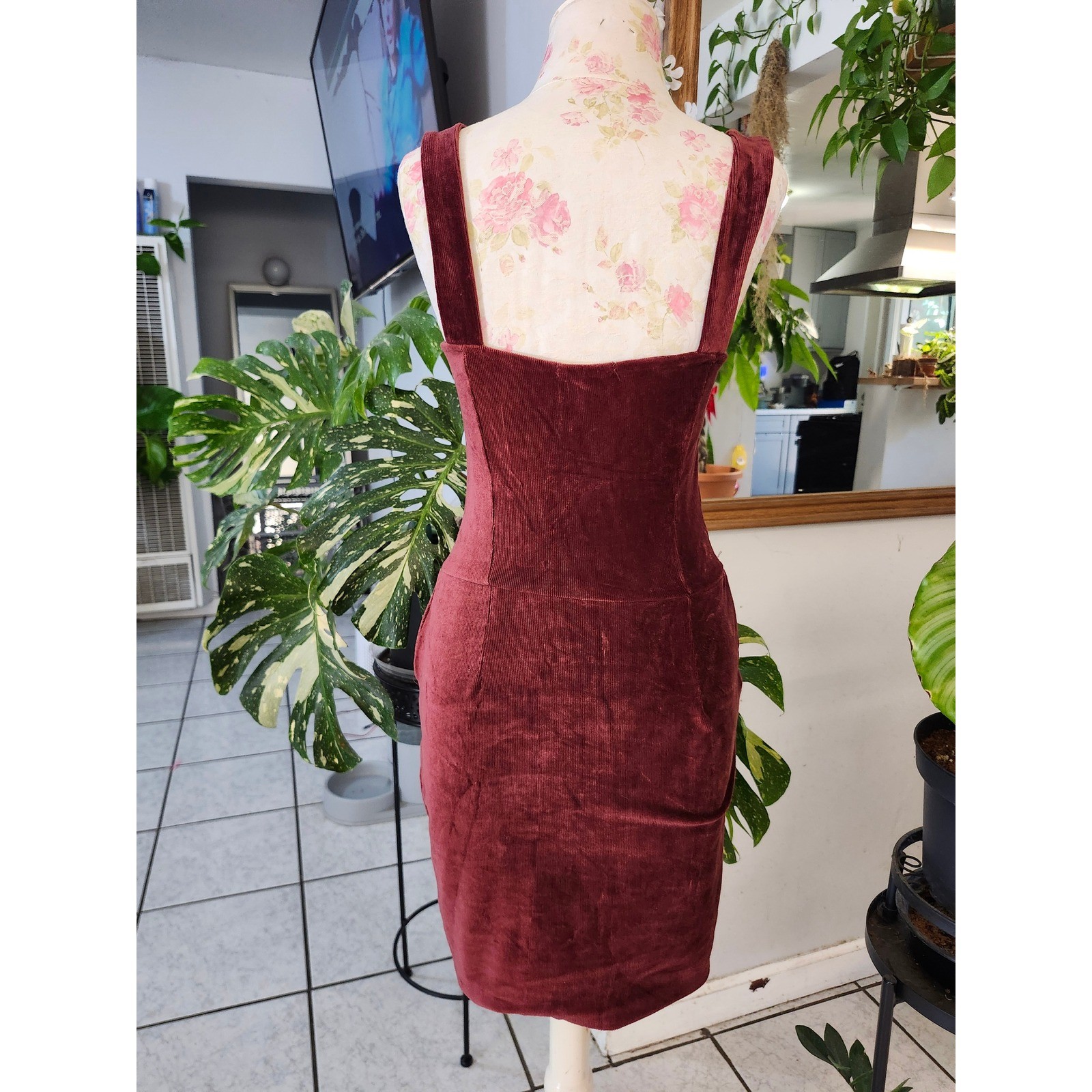 Heart Hips Burgundy Corduroy Zip Front Pinafore Dress Small Y2K Grunge Academia