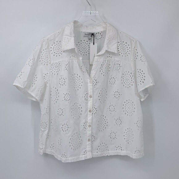 Michael Stars Yvette Eyelet shirt blouse button white cotton boxy floral new XL