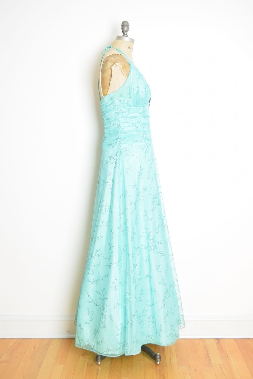 vintage Y2K prom dress Blondie Nites fairy aqua mesh glitter print party gown M