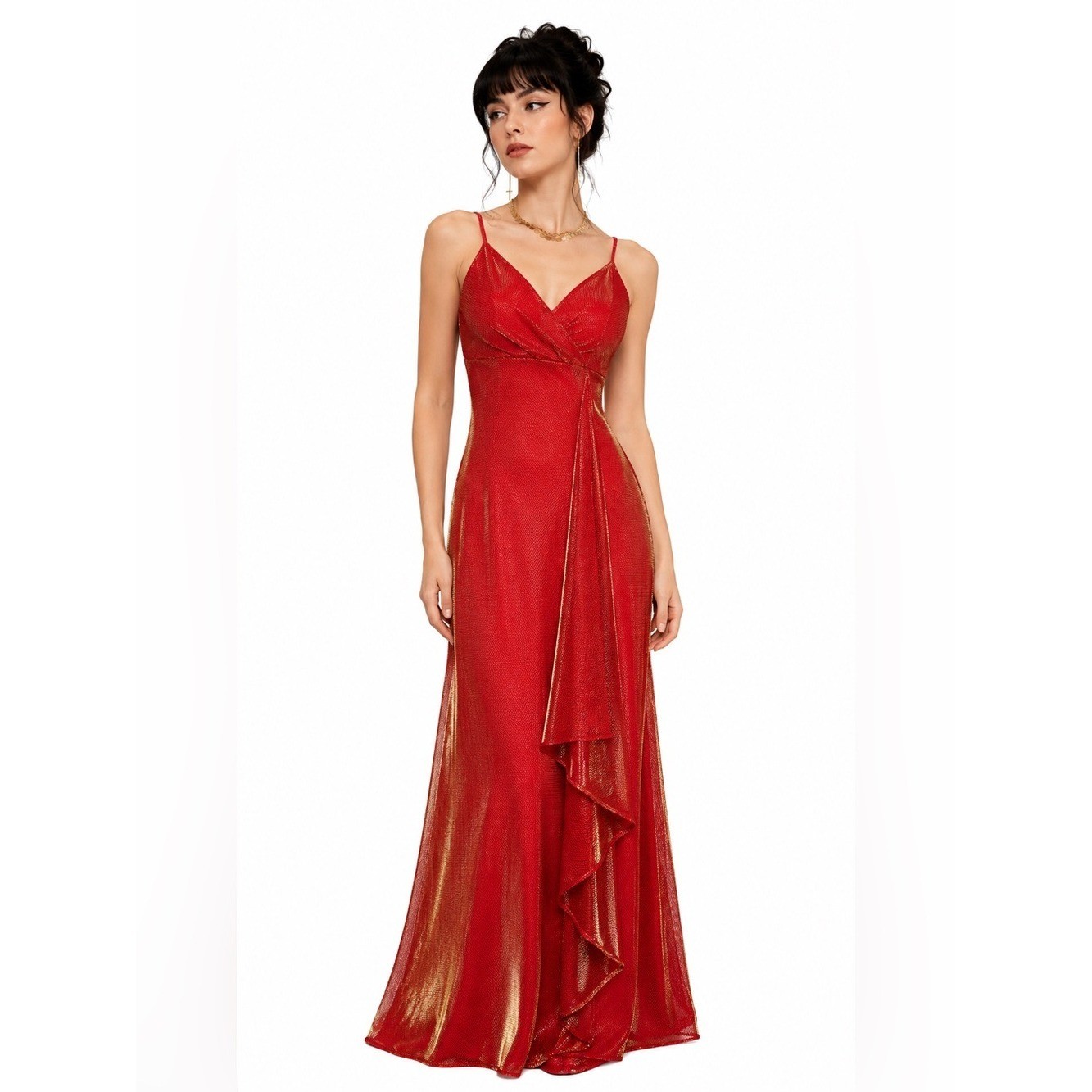 VTG 90s Betsey & Adams Red Gold Metallic Mesh Prom Gown Dress 12P NWT