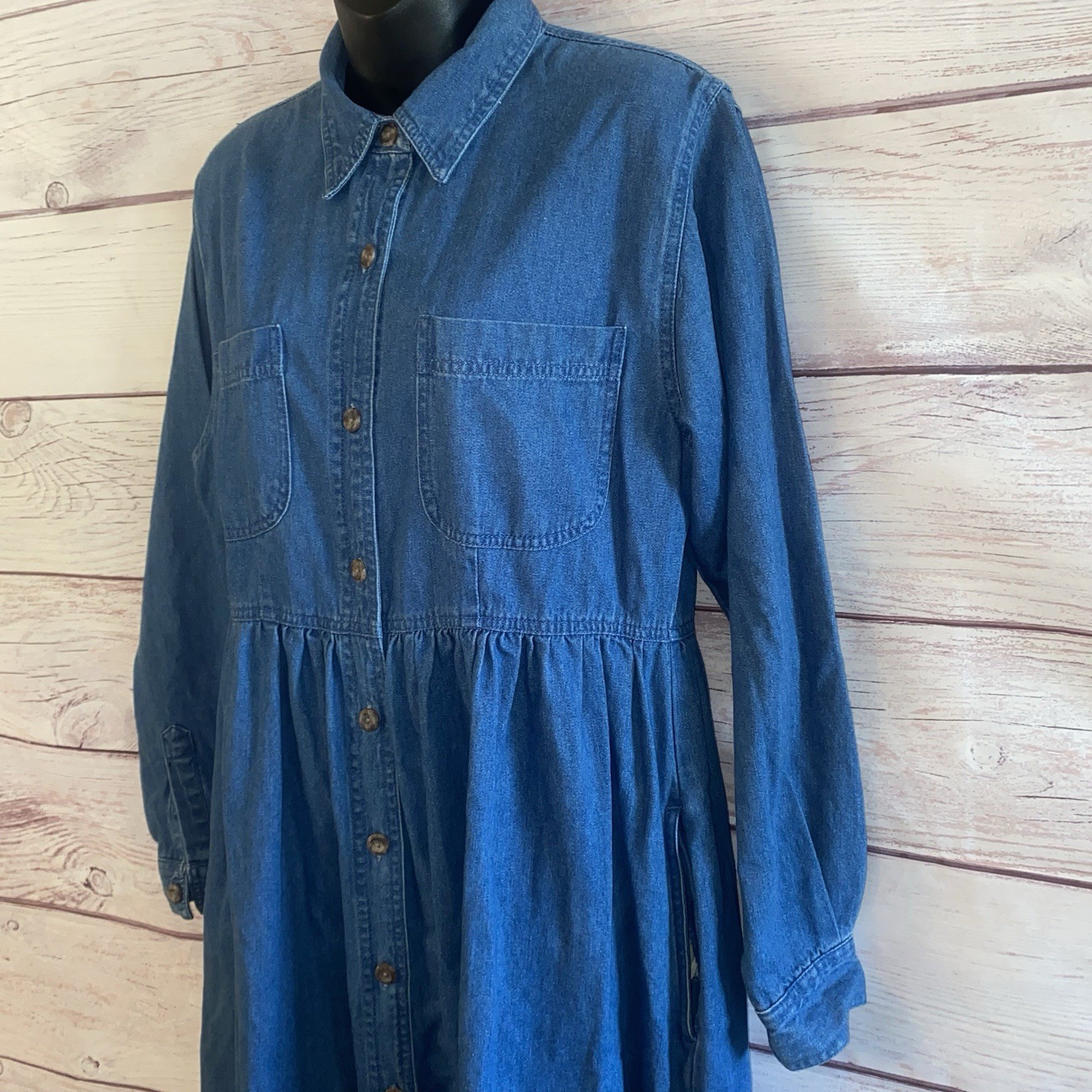 Original Fads Womens Vintage Denim Dress 10 Blue Full Button Calf Length Minimal