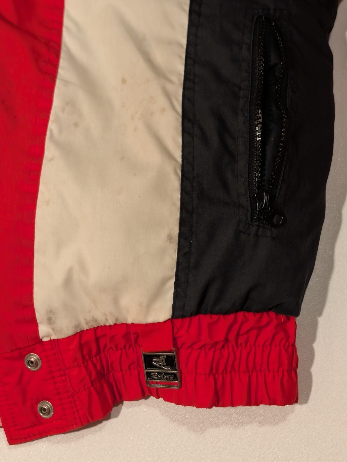 Vintage Down Fill Downhill Racer Ski Jacket Red White Blue Color Block Geometic