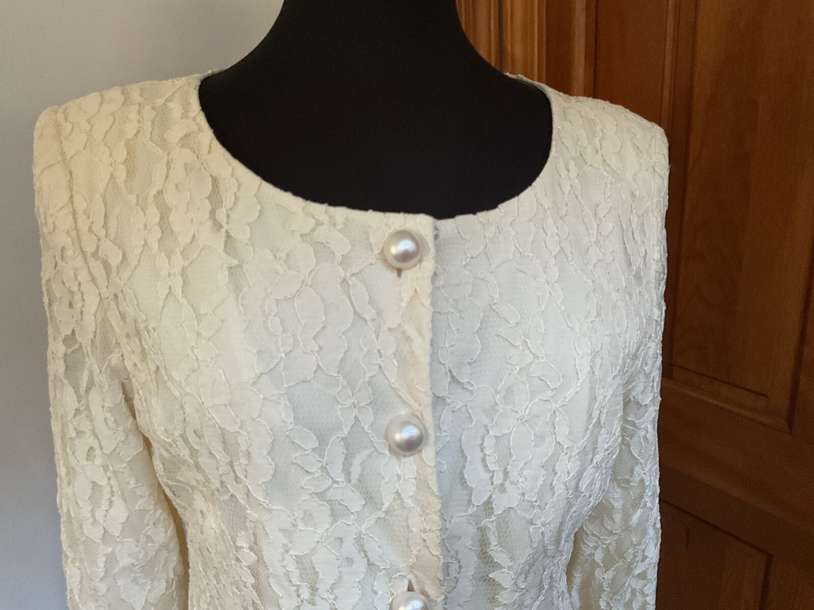 Talbots Donna Ricco Off White Ivory Lace Overlay Jacket 12 Shoulder Pads Vintage
