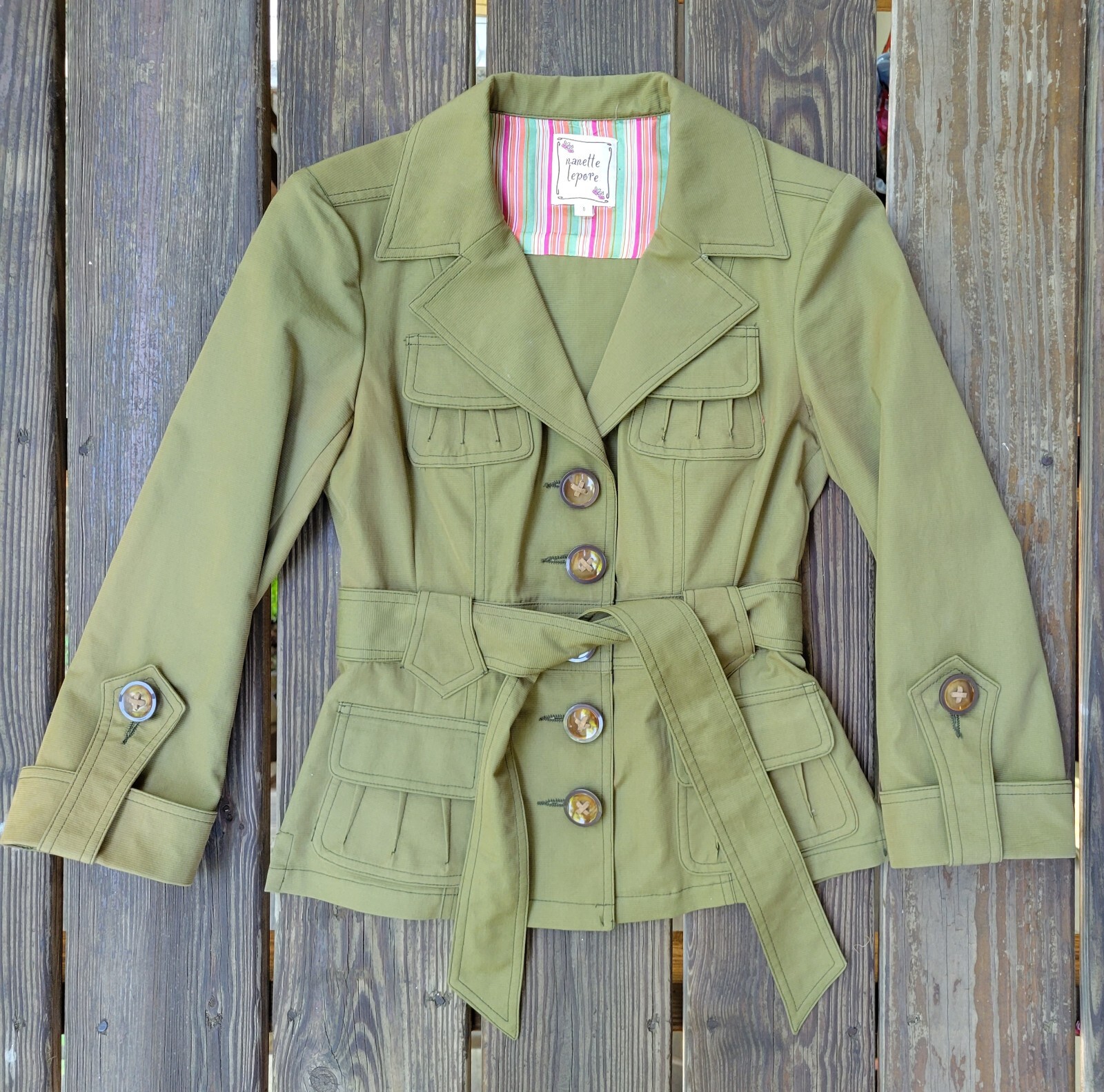 Nanette Lepore vintage 00s military style olive green jacket belt big buttons 0