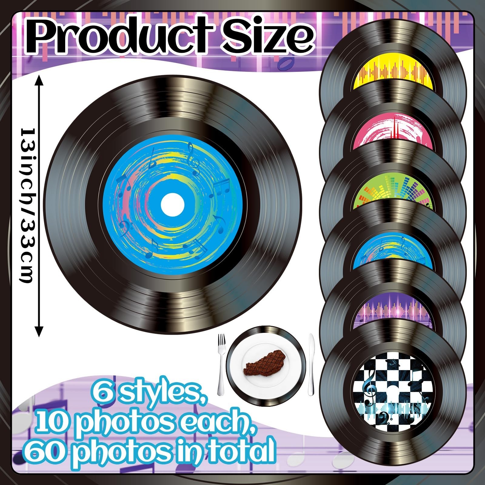 FillTouch 60 Pcs 13” 1950’s Rock and Roll Vinyl Record Placemat Vintage Musi…