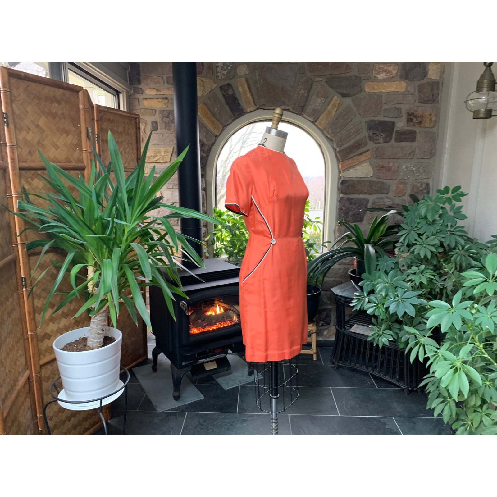 Vintage 1970s Orange Silk Dress Black and Ivory Piping Decorative Buttons