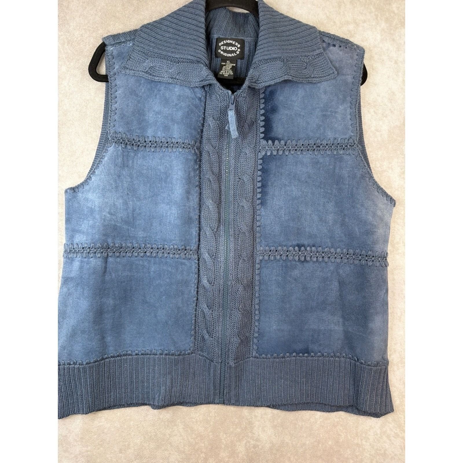 Designers Studio Originals Vest Womens XL Blue Genuine Leather Boho Patchwork