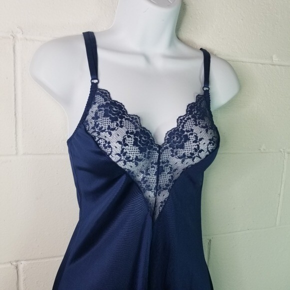 Vtg 70s angela by bestform blue lace slip dress lingerie tag 34 nylon