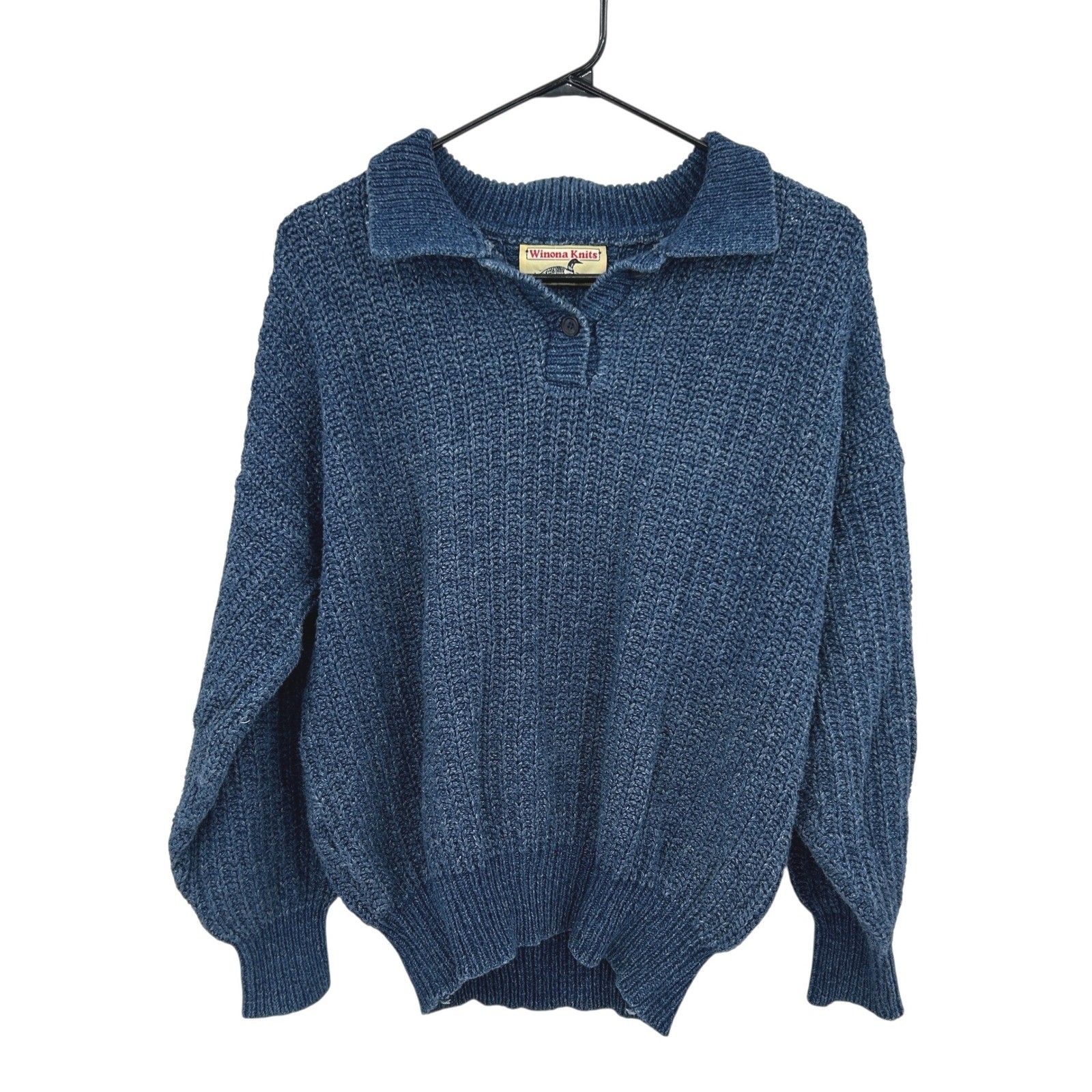 Chunky Fisherman Knit Henley Sweater M Blue Grandpa Cabincore Heritage Made USA
