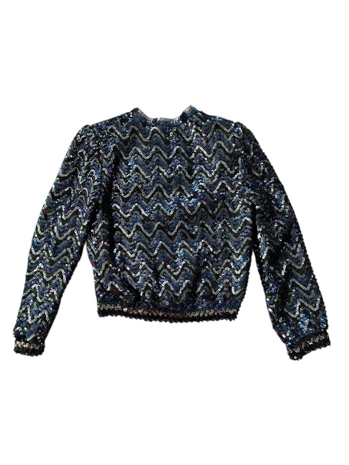 Vtg 70s 80s THREE FLAGGS Blue Green Sequin Button Front Jacket XS/S Disco Glam