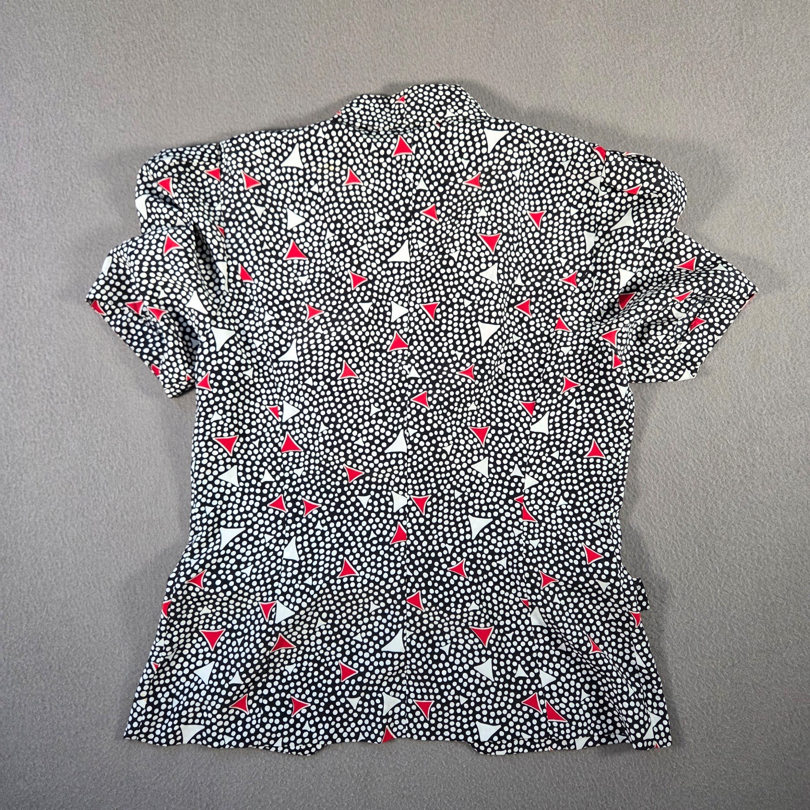 Vintage 80s Blouse Womens 12 Medium Black Polkadot Geometric Puff Sleeve Shirt