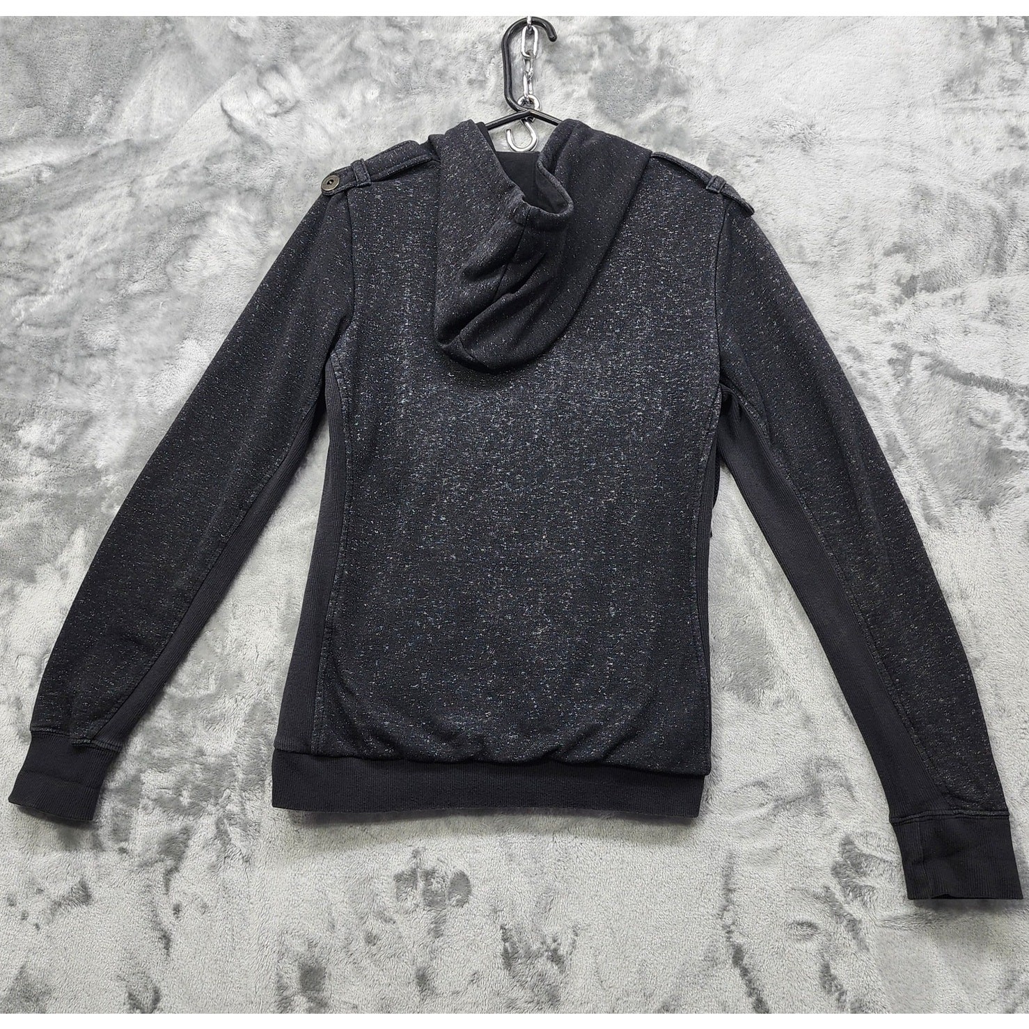Vintage Fox Racing Jacket Women L Black Speckled Knit Button Front Hooded Casual