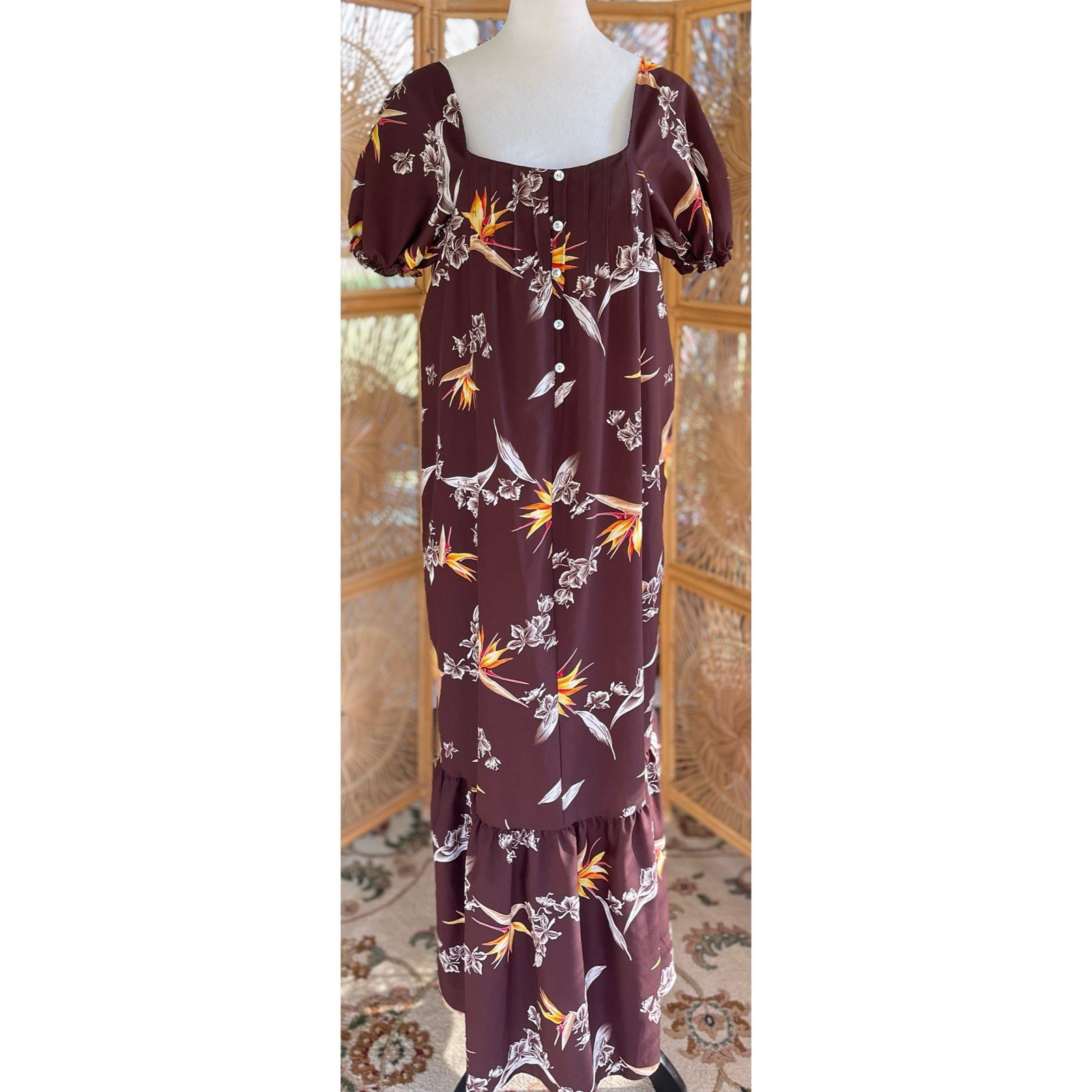 Vintage Hale O’Lika Hawaii Hawaiian Muumuu Dress Brown Birds Of Paradise 60s 70s