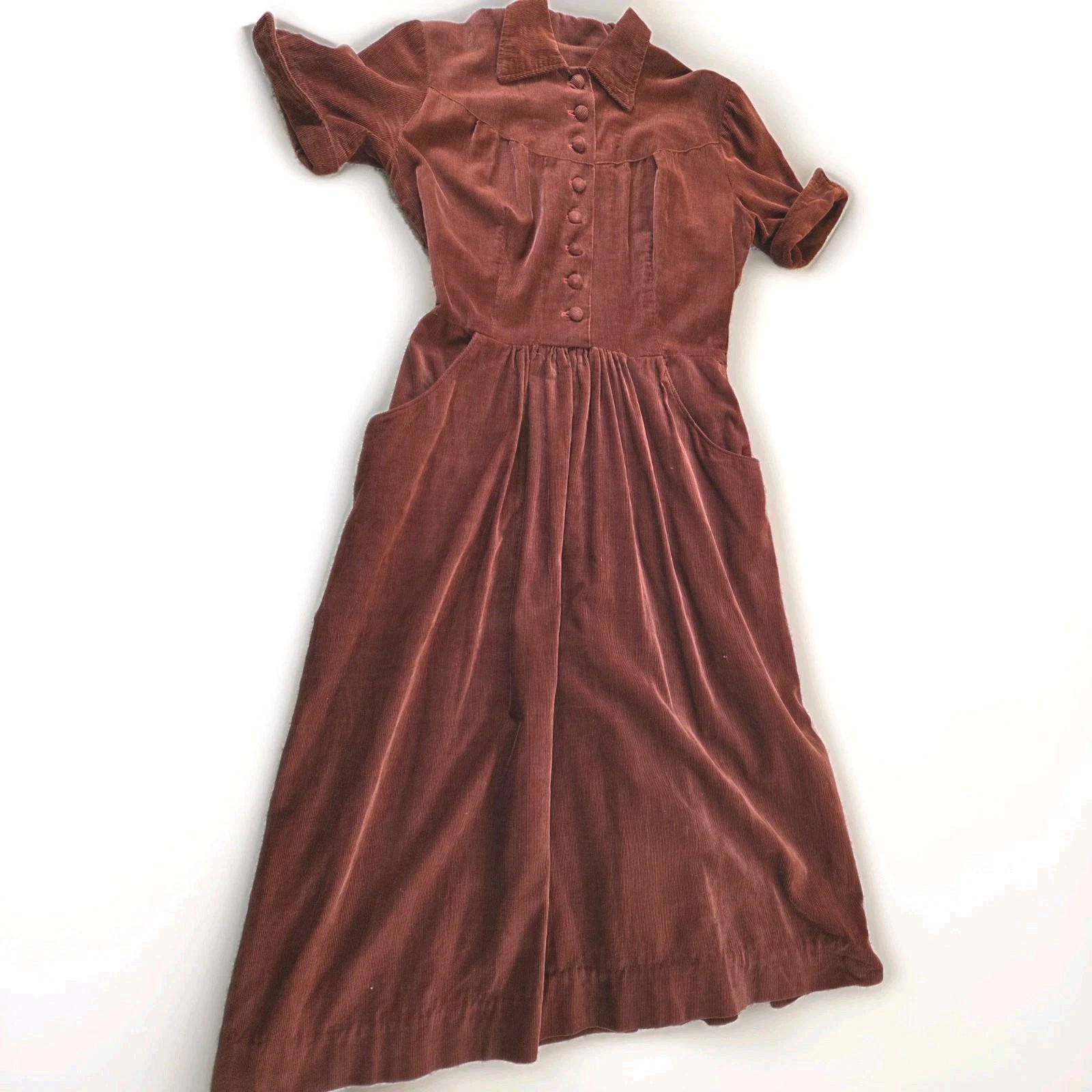 Vintage Brown Corderoy Dress, Covered Buttons, S/M, Full Skirt, matching belt