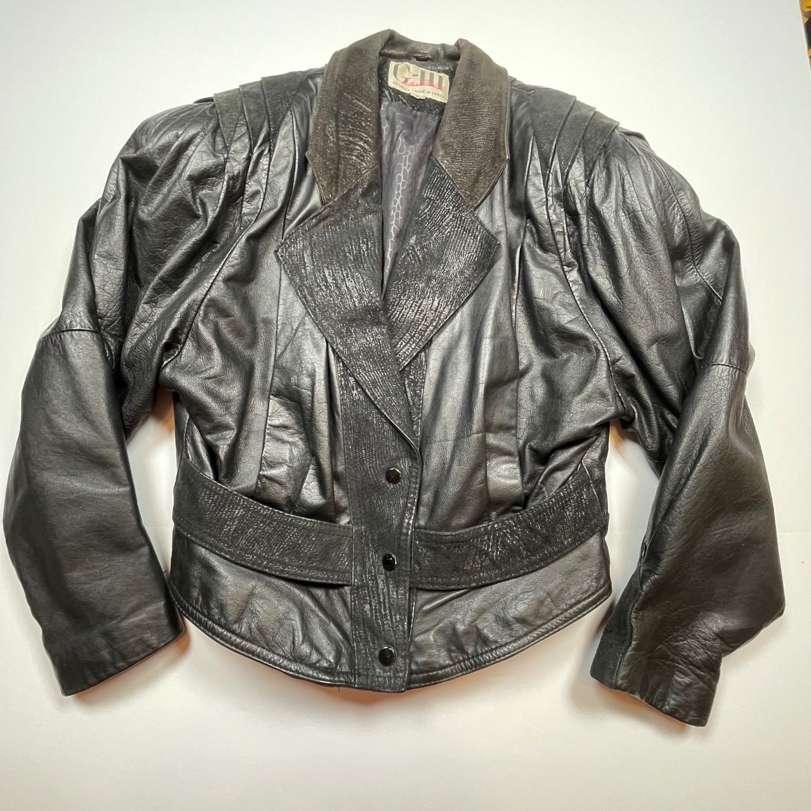 Vintage G-III Leather Fashions Black Cropped Jacket 80s Pleated Shoulder Small