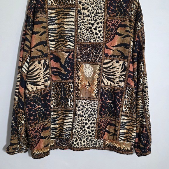 Erin London Vtg 100% silk patchwork animal print zipper front jacket Woman sz XL