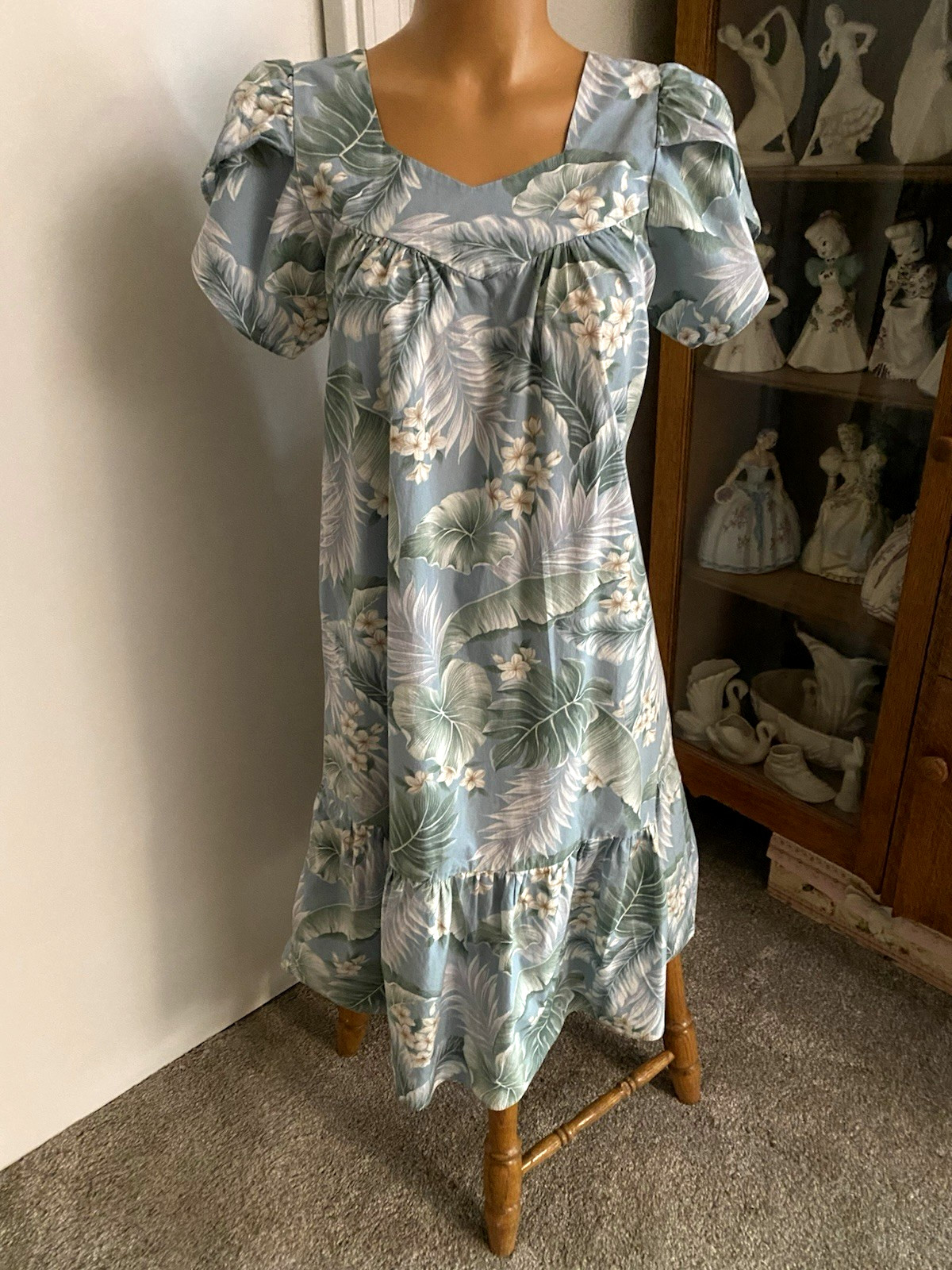 VTG ALOHA REPUBLIC BLUE EXOTIC FLORAL COTTON BLEND HAWAIIAN DRESS SZ S-M