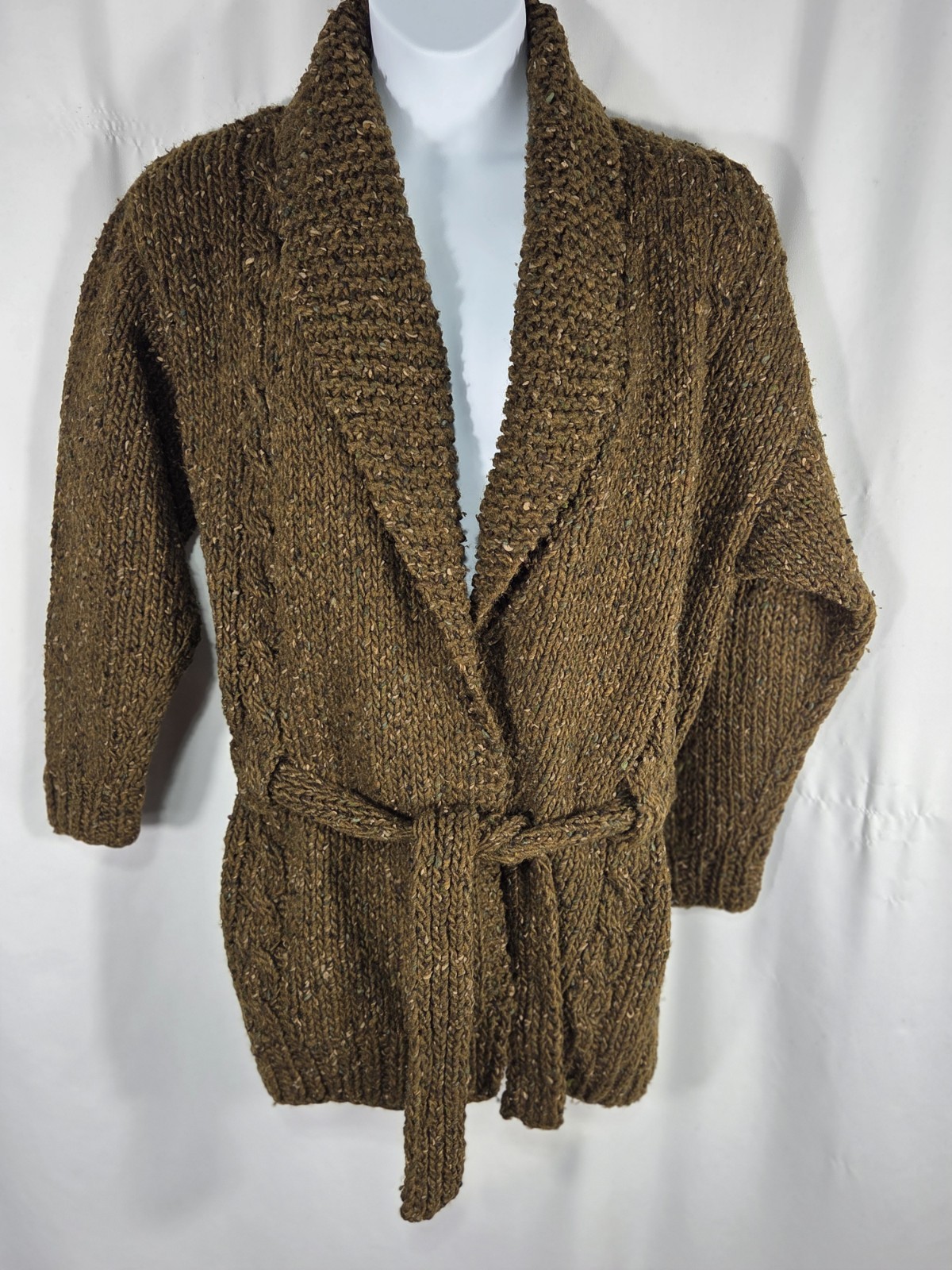 Vintage Women’s Perry Ellis Handknit Wool Belted Cardigan Olive Brown Size S
