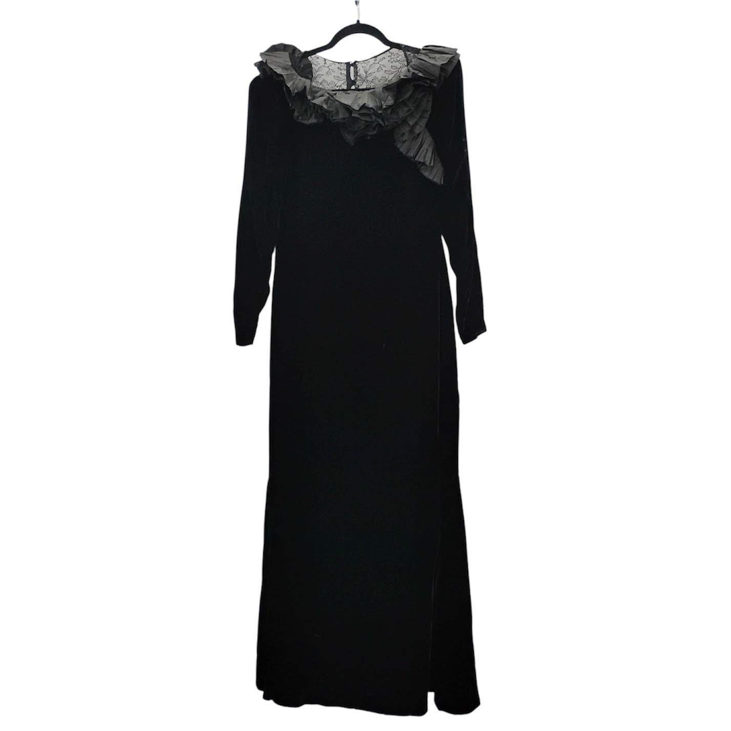 Vintage 80s Nina Ricci Velvet Lace Maxi Dress Long Sleeves Ruffle Taffeta France