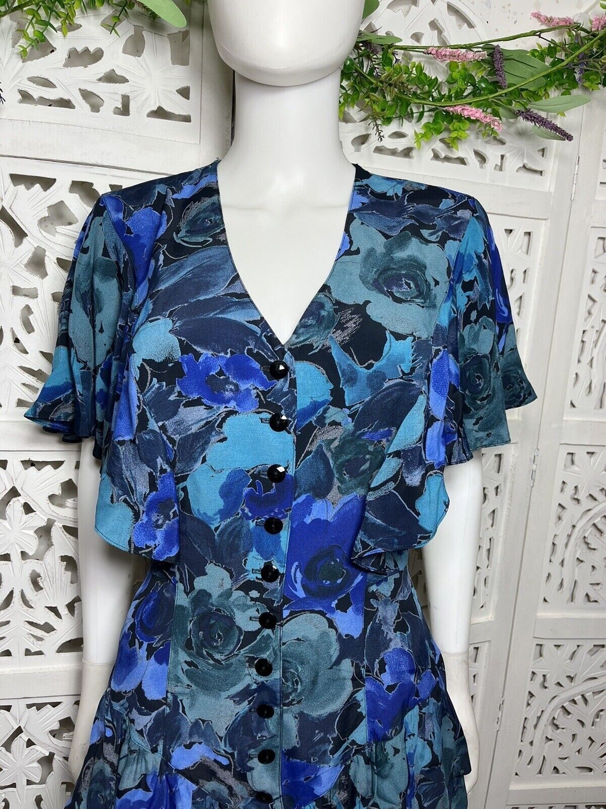Vintage Barbara Barbara Women’s Floral Blue Ruffle Secretary Dress Size 8