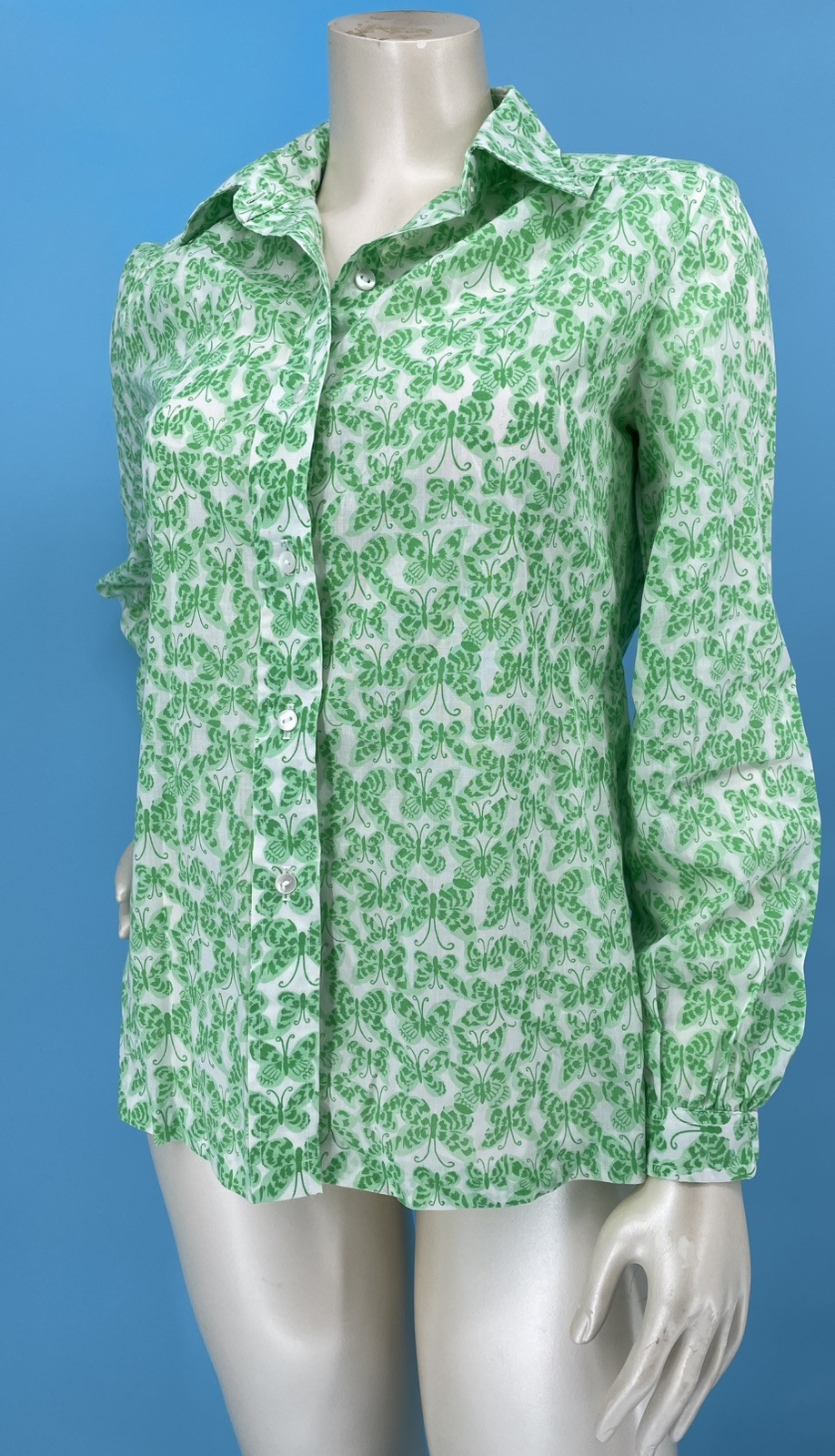Vintage 1970s Green Butterfly Print Hippie Sheer Boho Summer Peasant Top sm/md