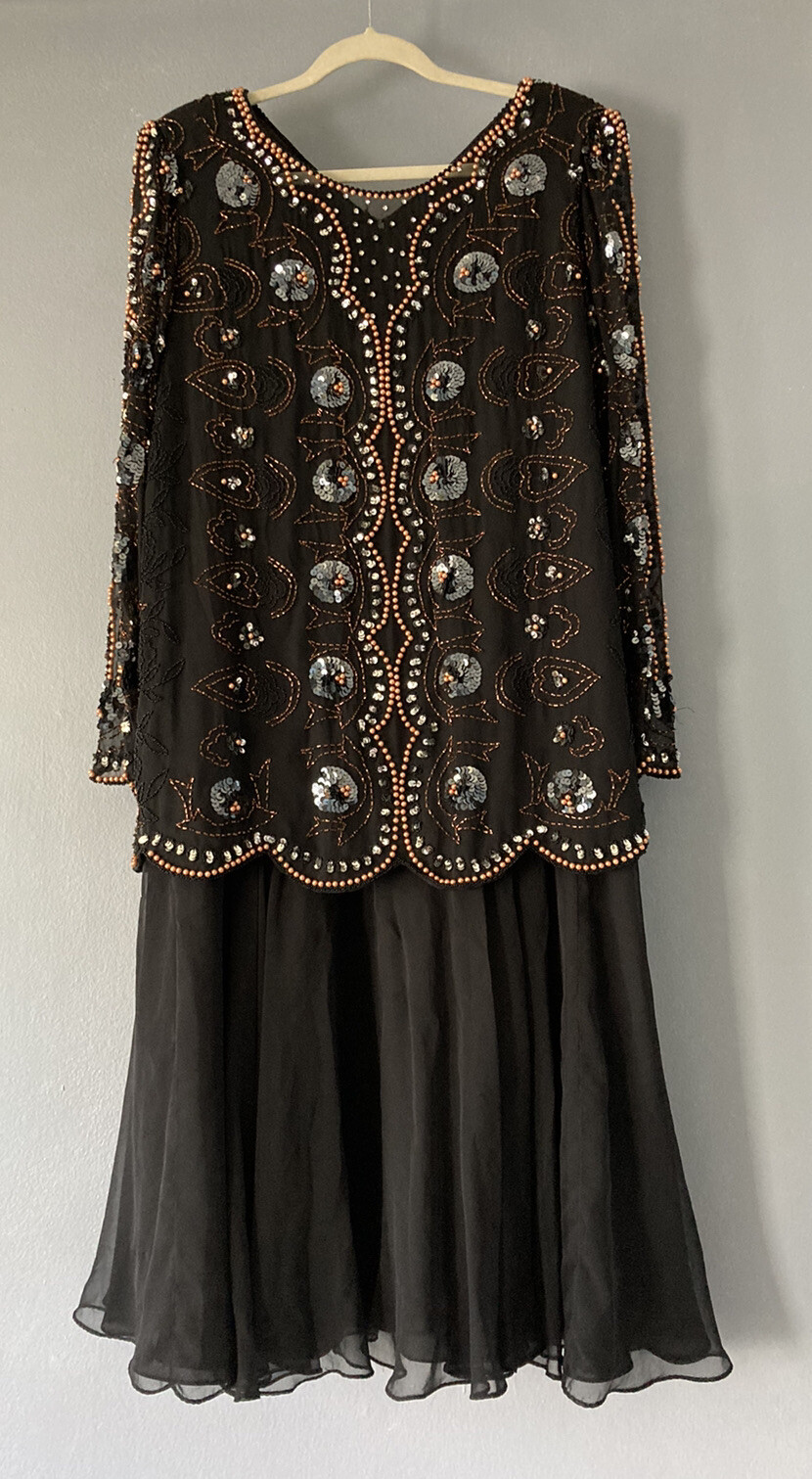 Vintage Jack Bryan Black Chiffon Gown Sequins and Beads Size 18