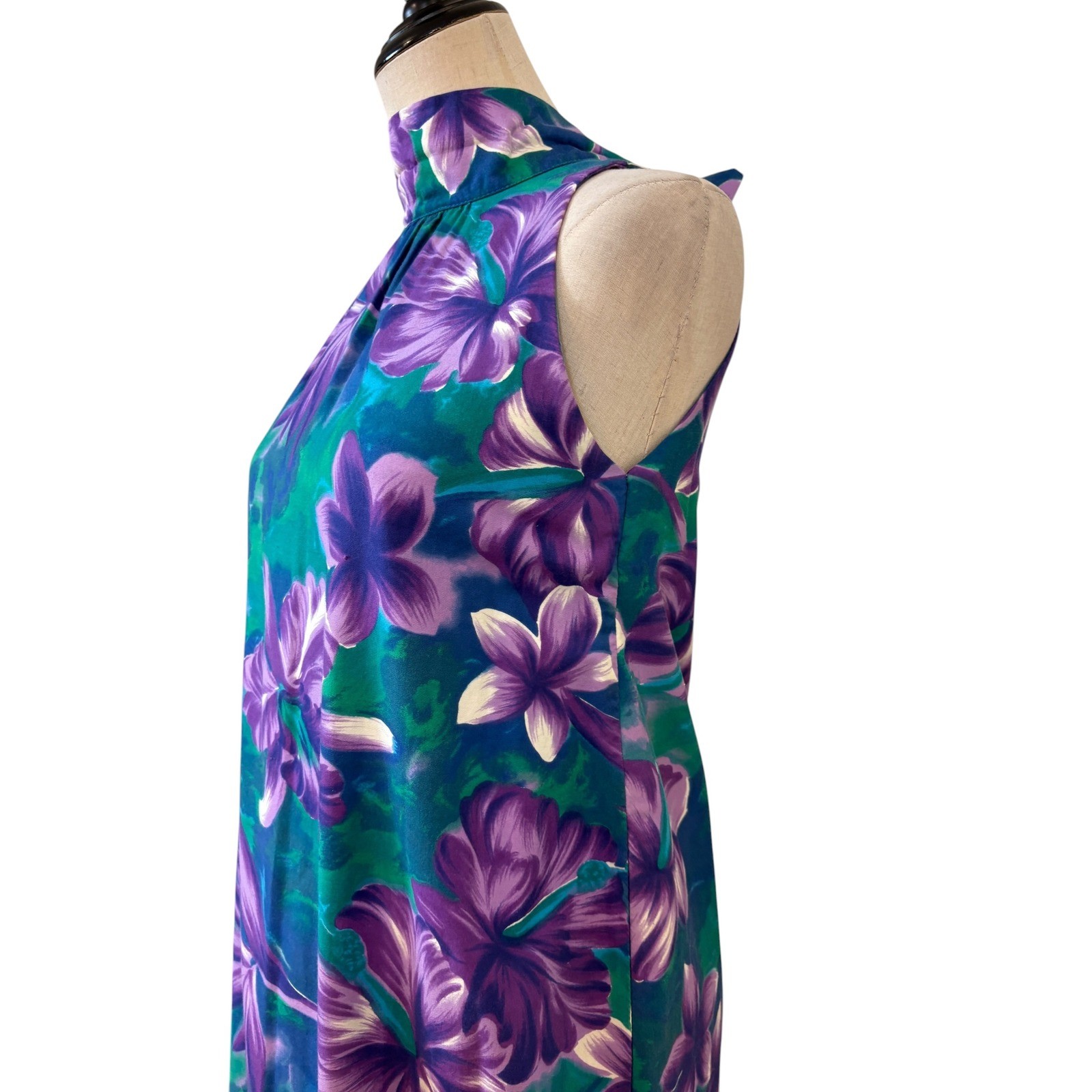 Vtg 60s 70s Fashions of Hawaii Dress Women sz s/m Teal Purple Floral Bow resort