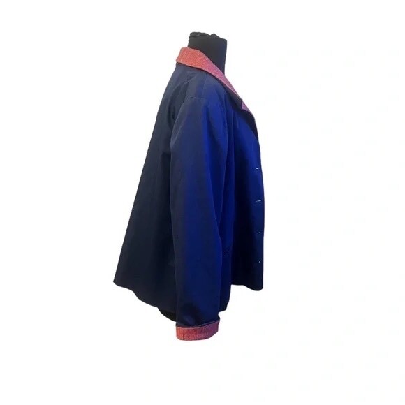 Bleyle Women’s Vintage Blue Collared Chore Coat With Red Collar, Size 18