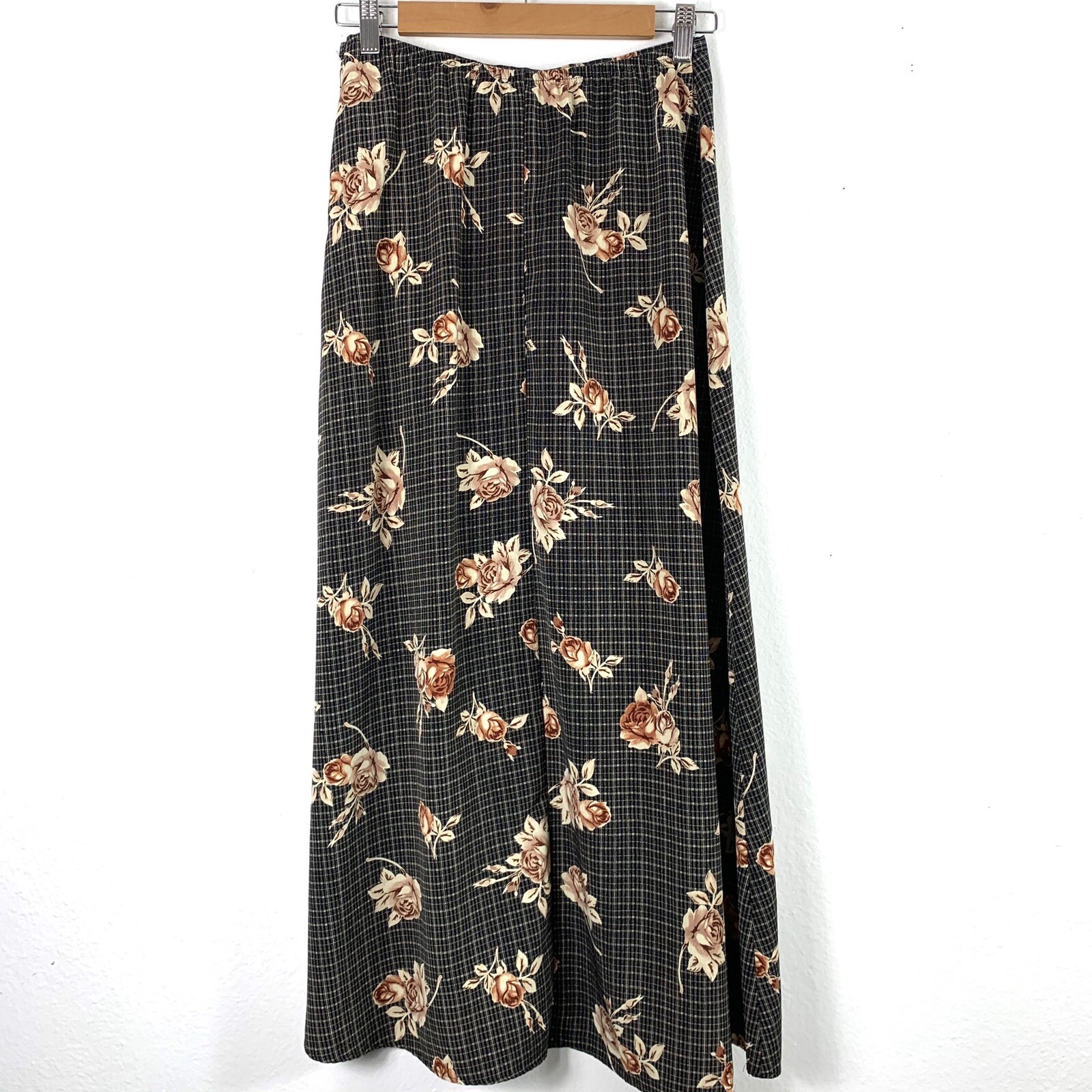 Vintage Skirt Sz Medium Floral Plaid Hi Rise Midi Brown Black Rose Ellen Ashley
