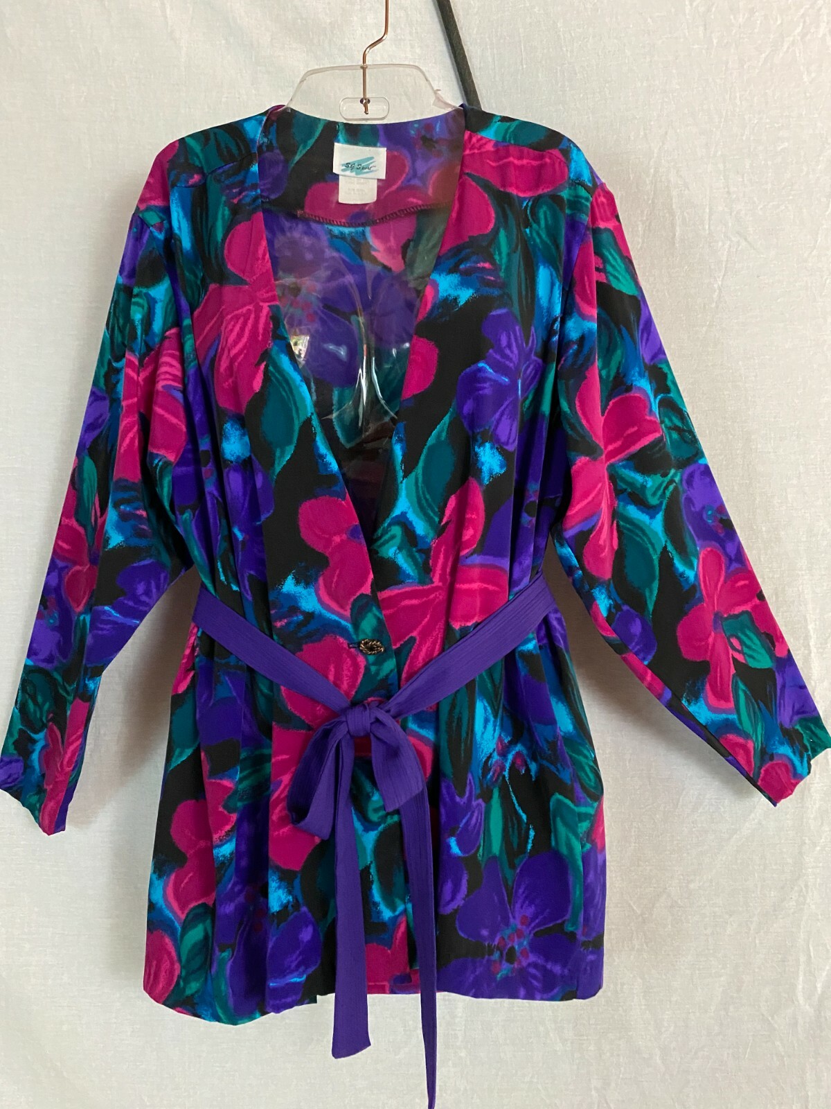 Vtg 80s S G Sport Jacket Top Floral Black Purple Magenta Blue Green Belted USA L