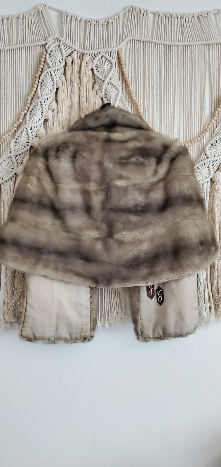Vtg Mink Stole Gray/Beige Satin Lining Shoulder Straps One Size