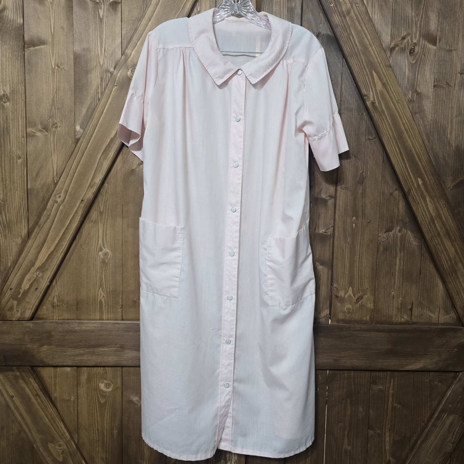 Vintage Light Pink Button Front House Dress Smock – Size Large – Short Sleeve