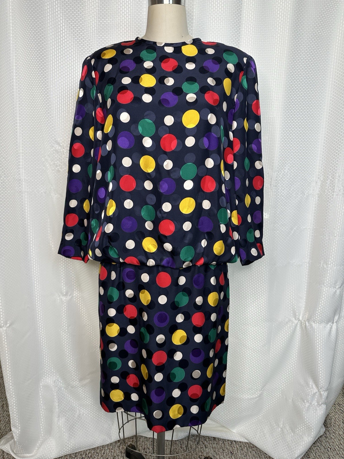 VINTAGE STANLEY SHERMAN SILK POLKA DOT LONG SLEEVE MIDI DRESS MULTICOLOR SIZE 10