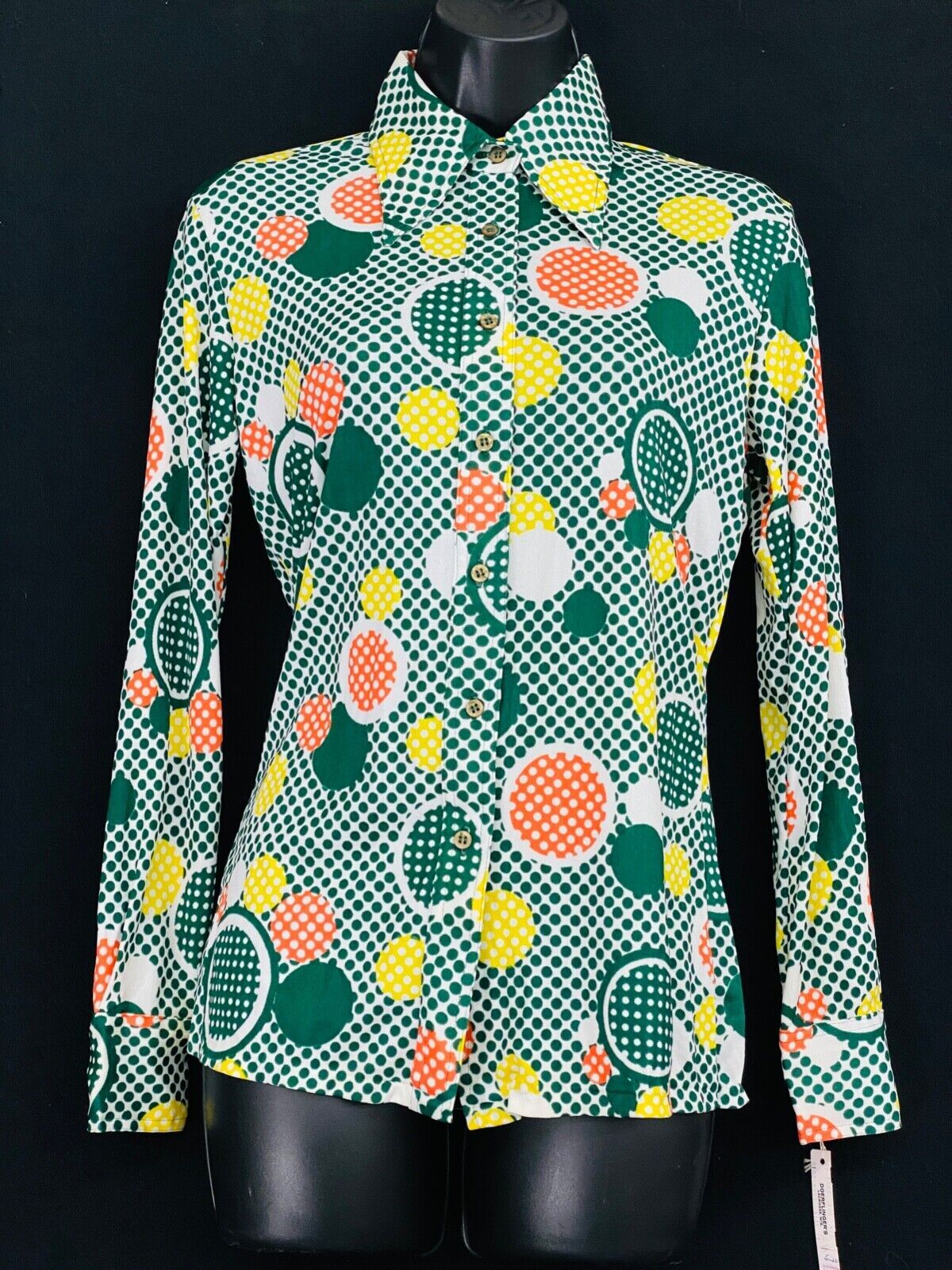Vintage 1970s green polka dot shirt retro blouse disco deadstock NWT yellow mod