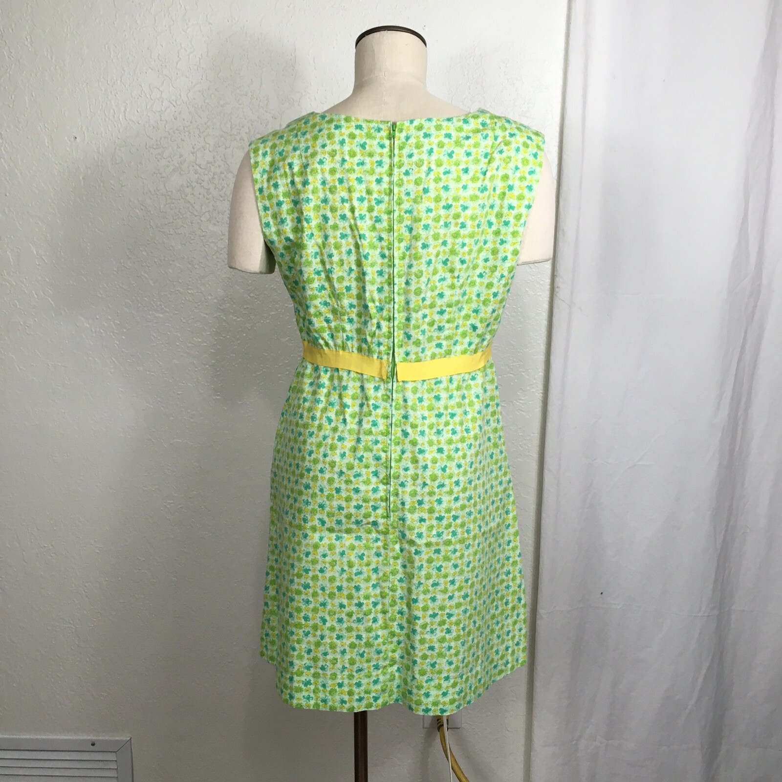 Vintage 1970 Handmade Dress Green Yellow Floral Ribbon Waistband Sleeveless 12