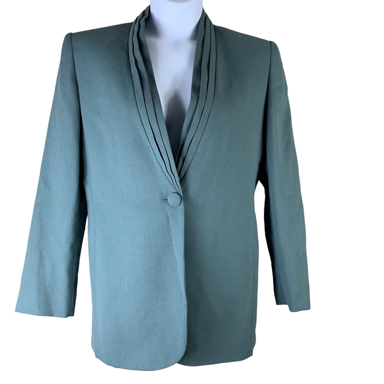 Vintage Size 10 Suit Jacket Blazer Saville Wool Blend Button Up Sage Blue