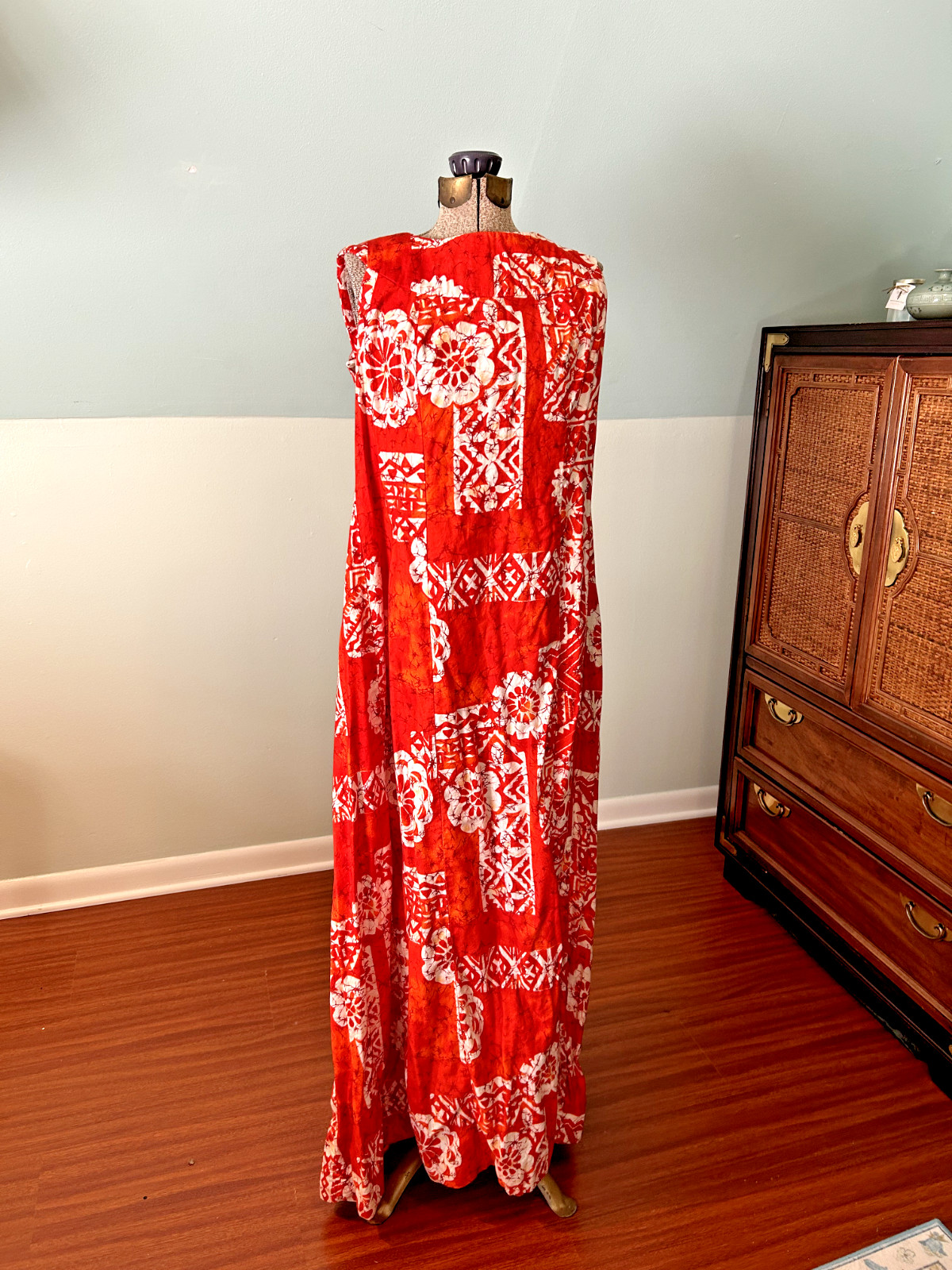 1960s Waltah Clark Hawaii Gorgeous Red Orange Tropical Cotton Batik Maxi Dress