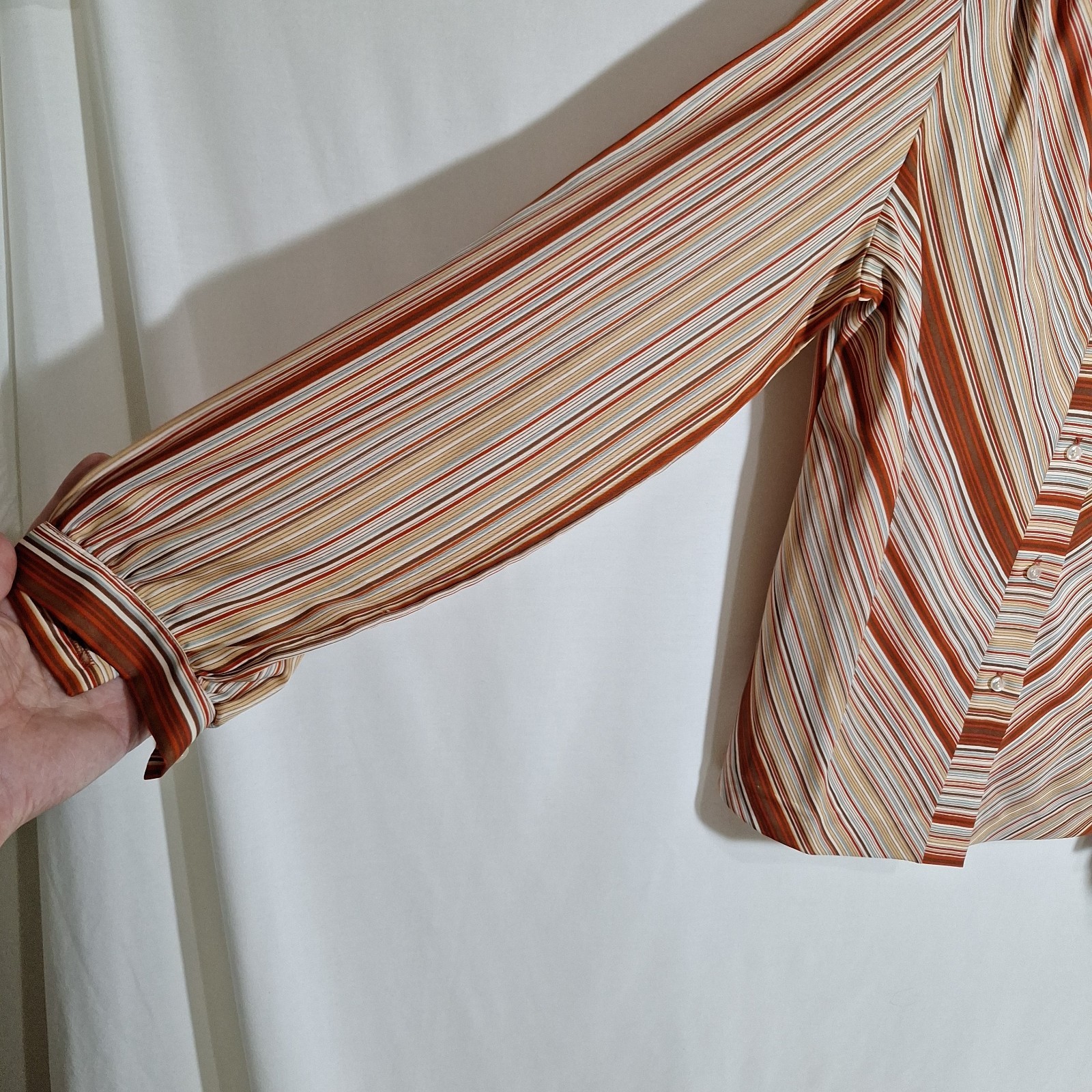 Vintage 1970s Alice Stuart Chevron Stripe Tie Neck Blouse Rust Brown Long Sleeve