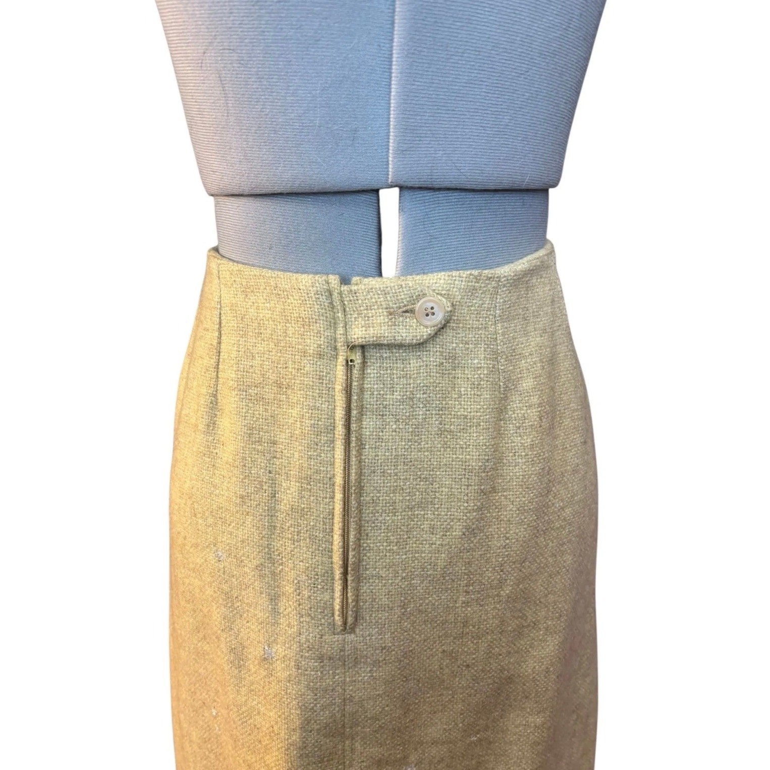 Vintage 1960s Tweed Wool Skirt Size 8 Beige Pencil Midi Mended Moth Holes