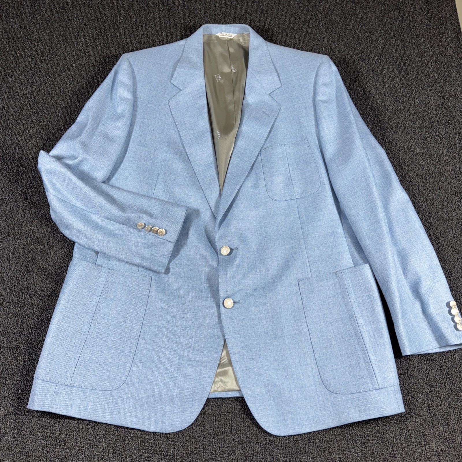 VTG 70s Lanvin 48L Safari Leisure Blazer Light Blue Patch Pocket Coat Disco