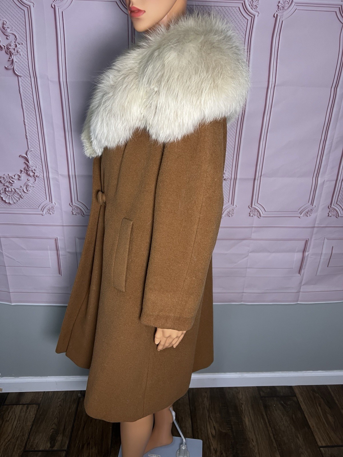 Vintage 1950s/1970s Wool and Fox Fur Coat One Button Loose Fit Has Pockets