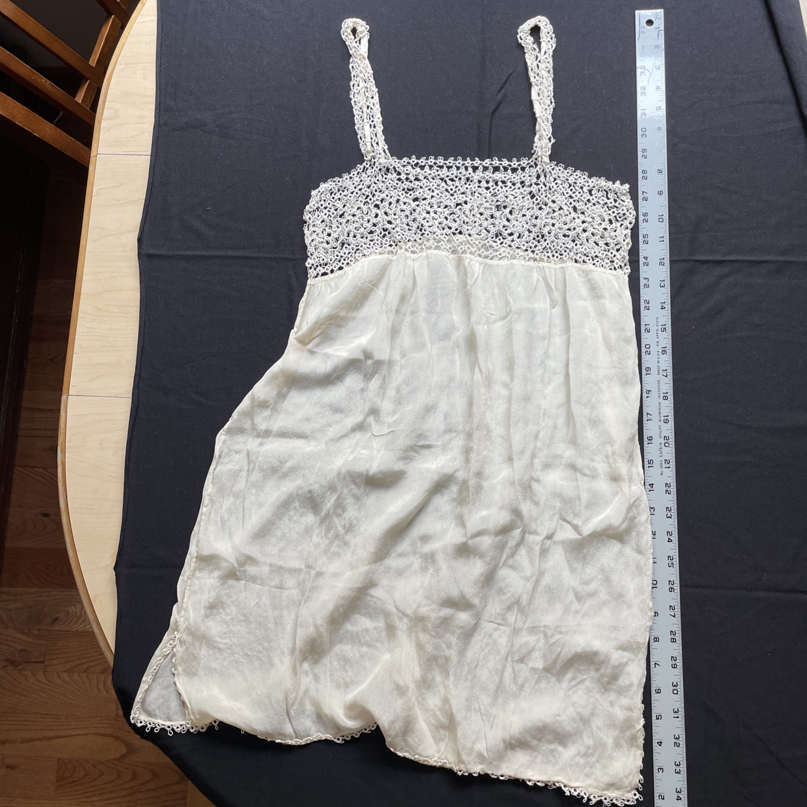 Vintage Ivory Silk Slip With Tatted Lace And Yoke